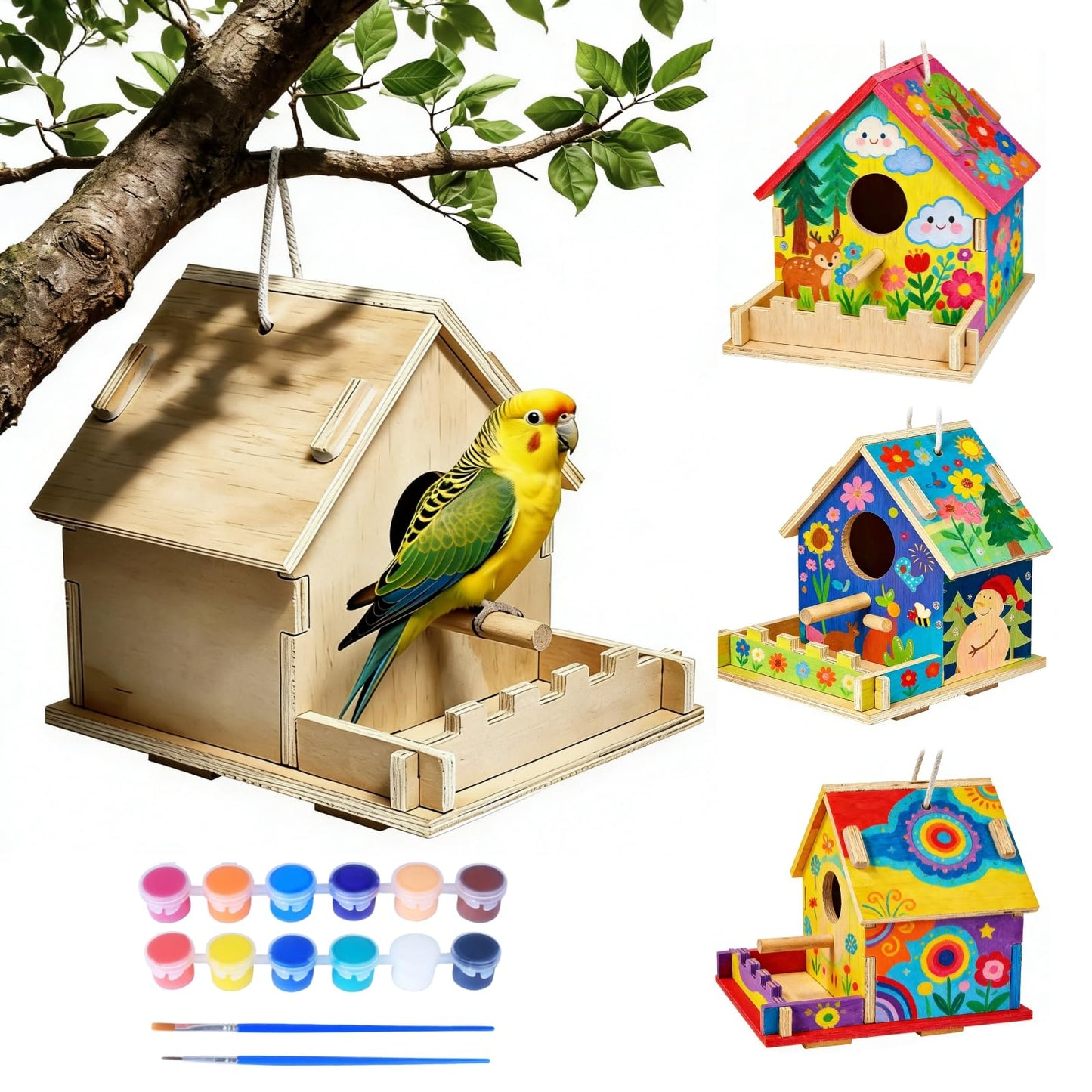 4 Pack DIY Birdhouse Kit to Build and Paint for Birthday Gifts, Unfinished Wooden Bird Houses for Outdoors with Paints Brushes and Hanging Chain, Fun Classroom Activity for Crafts Arts Project