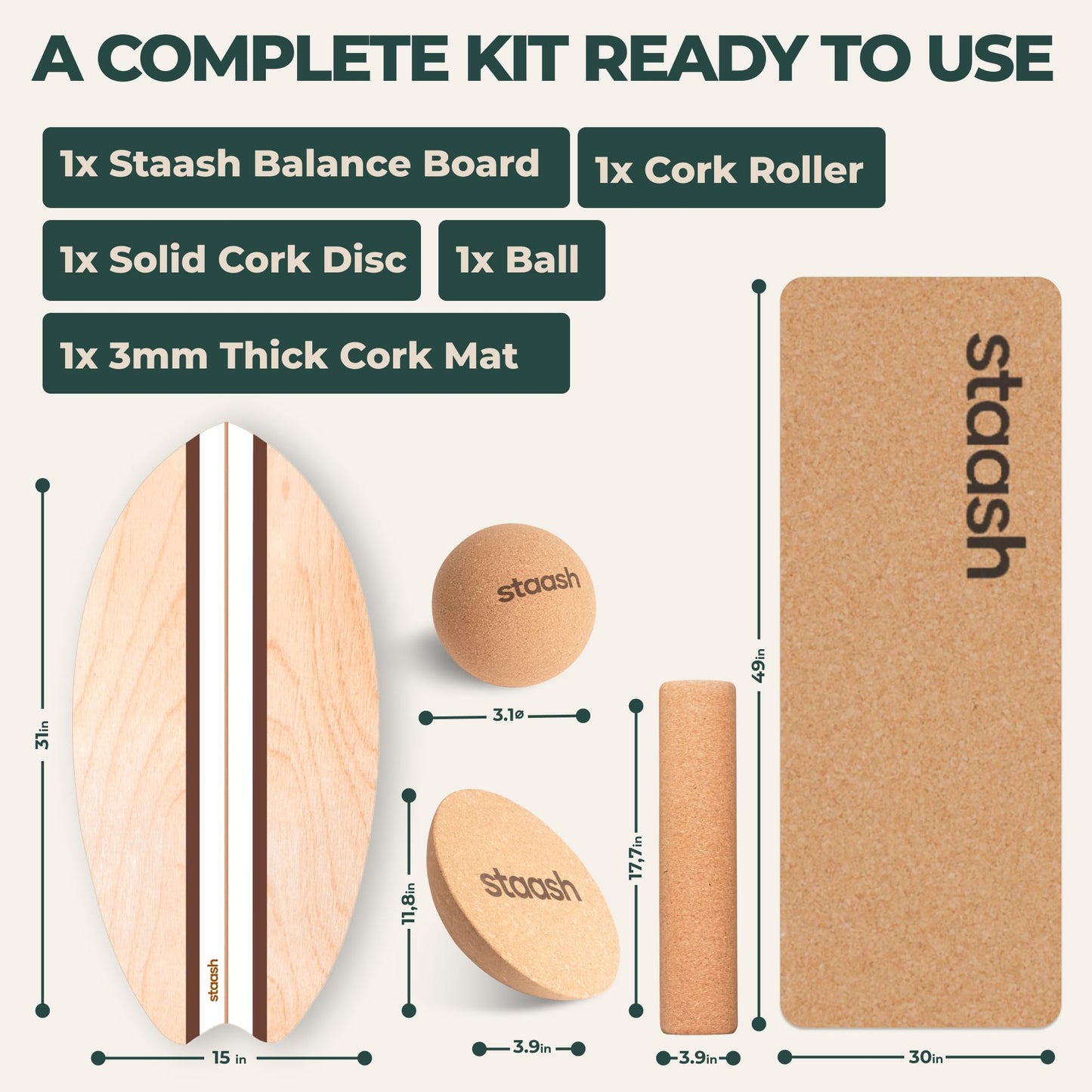 STAASH® Birch Wood Balance Board Full Kit – Wobble Trainer with Cork Roller, Mat, Ball & Disc – Eco-Friendly Core Trainer for Surf, Yoga, Fitness, Rehab – Video Library Included (Cacao)