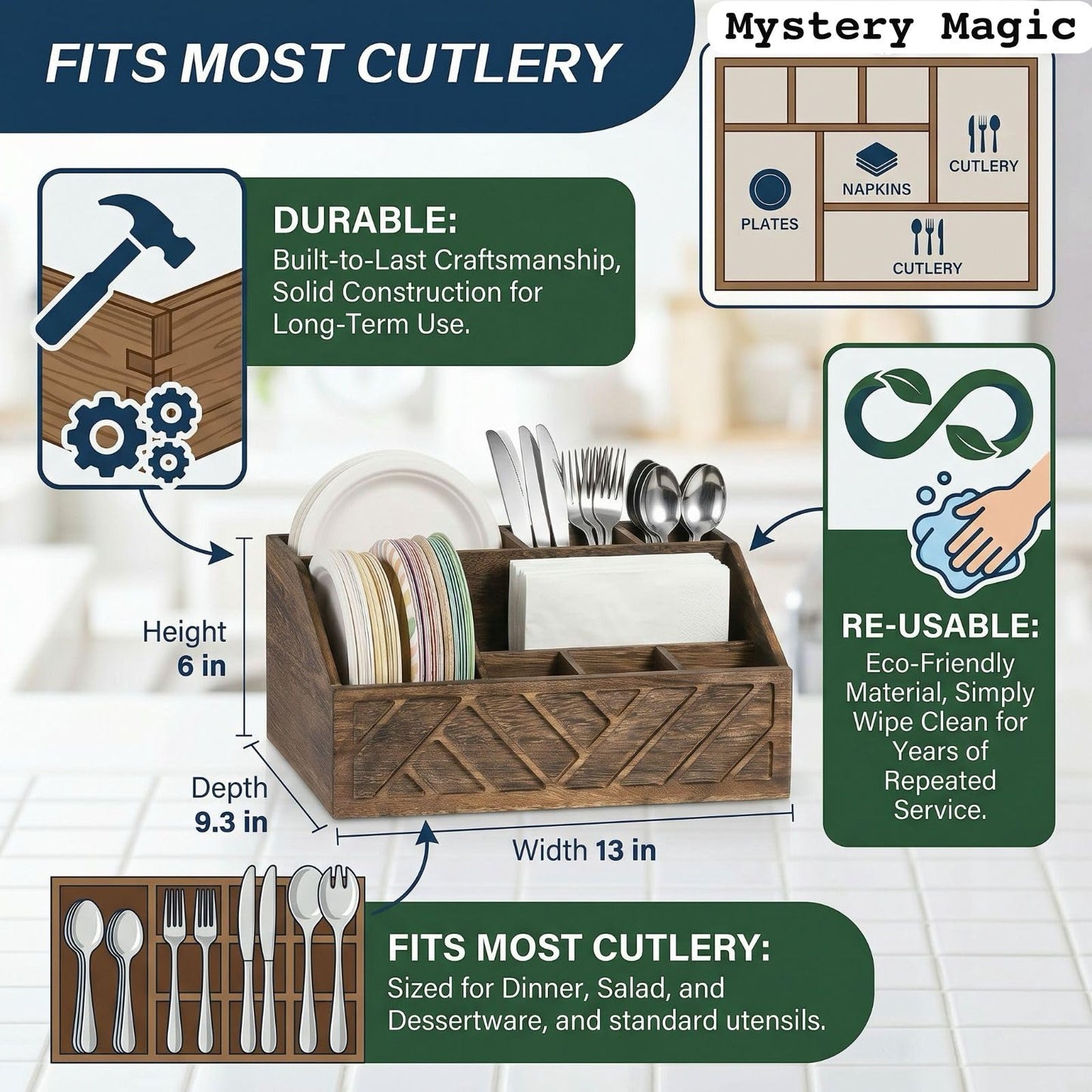 Mystery Magic Wooden Paper Plate & Cutlery Organizer Kitchen Countertop Hold Plates, Cups, Napkins, Forks & Spoons Farmhouse Rustic Tableware Organizer