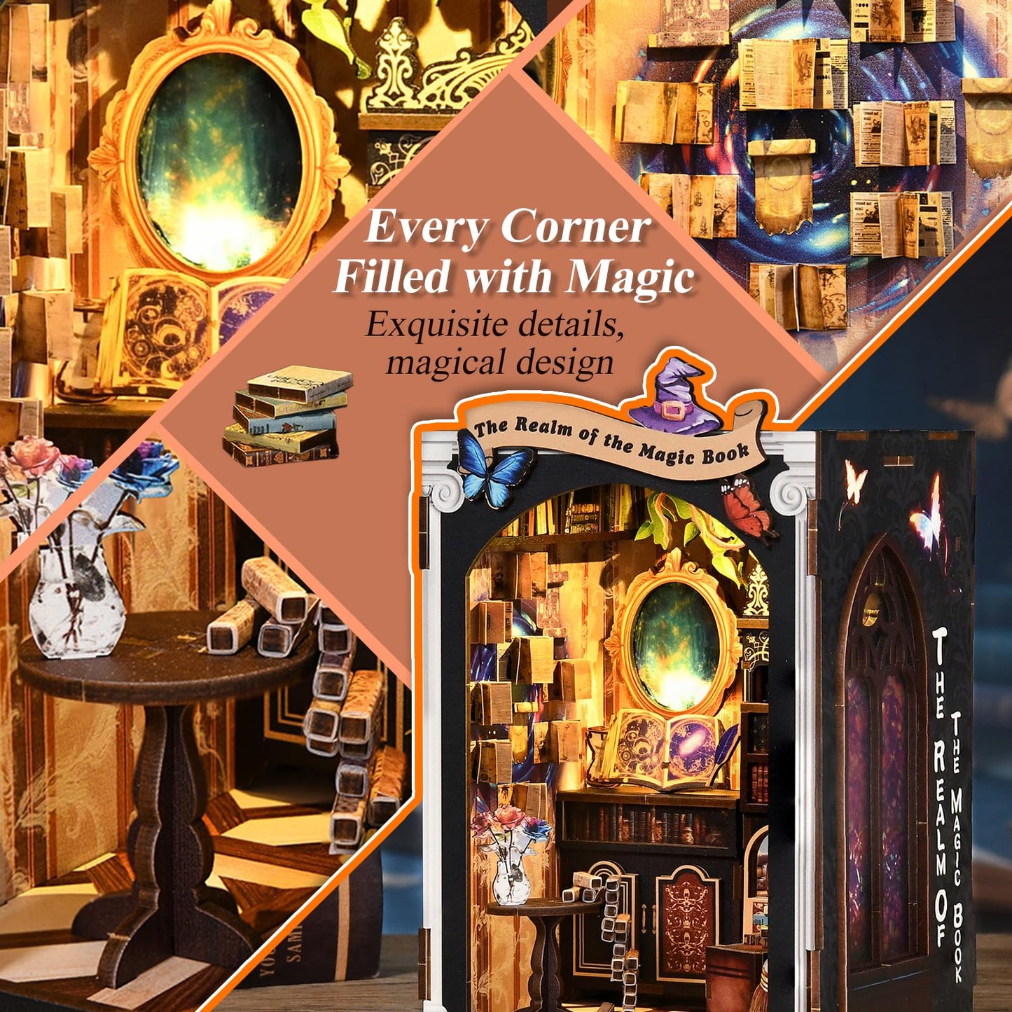 Book Nook Kit Magic Book of Mirrors Wooden Dollhouse， DIY Tiny House Miniature with LED Light, Fantasy Wooden Decor Display for Adults, Tiny Homes to Live in for Bookshelf, Battery Not Included