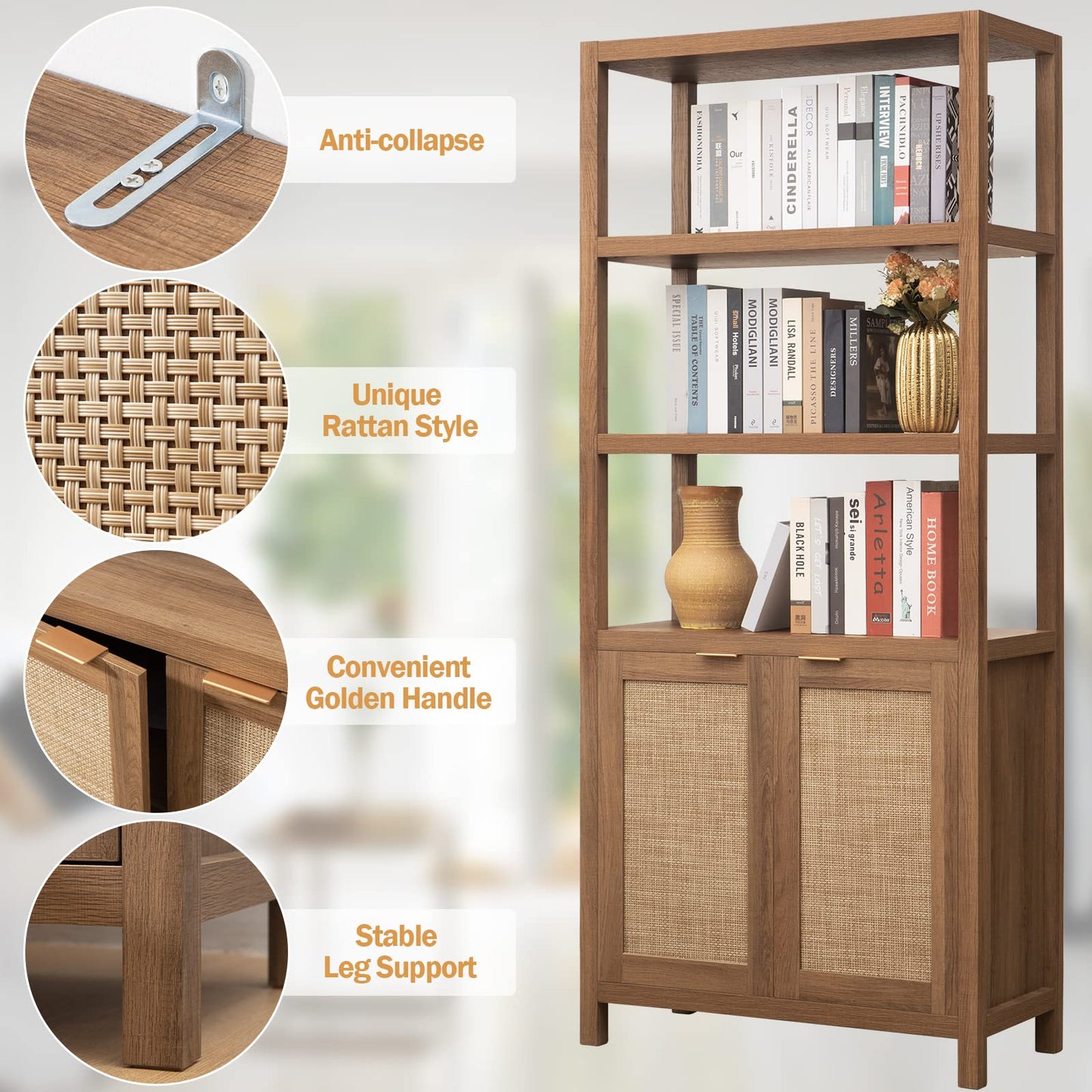 SICOTAS Bookshelf 5 Tier Book Shelf Rattan Boho 71" Tall Bookcase with Doors Storage Shelves Large Bookshelves Farmhouse Bookcases Library Book Case for Living Room Bedroom Home Office Kitchen
