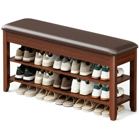 LBT Shoe Bench with Storage, Solid Rubberwood Shoe Rack Bench for Entryway, Adjustable 6.3" Shelf Fits High-Top Shoes & Boots, Hidden Storage Compartment, Cushion Seat, Stay-Open Hinge, Walnut