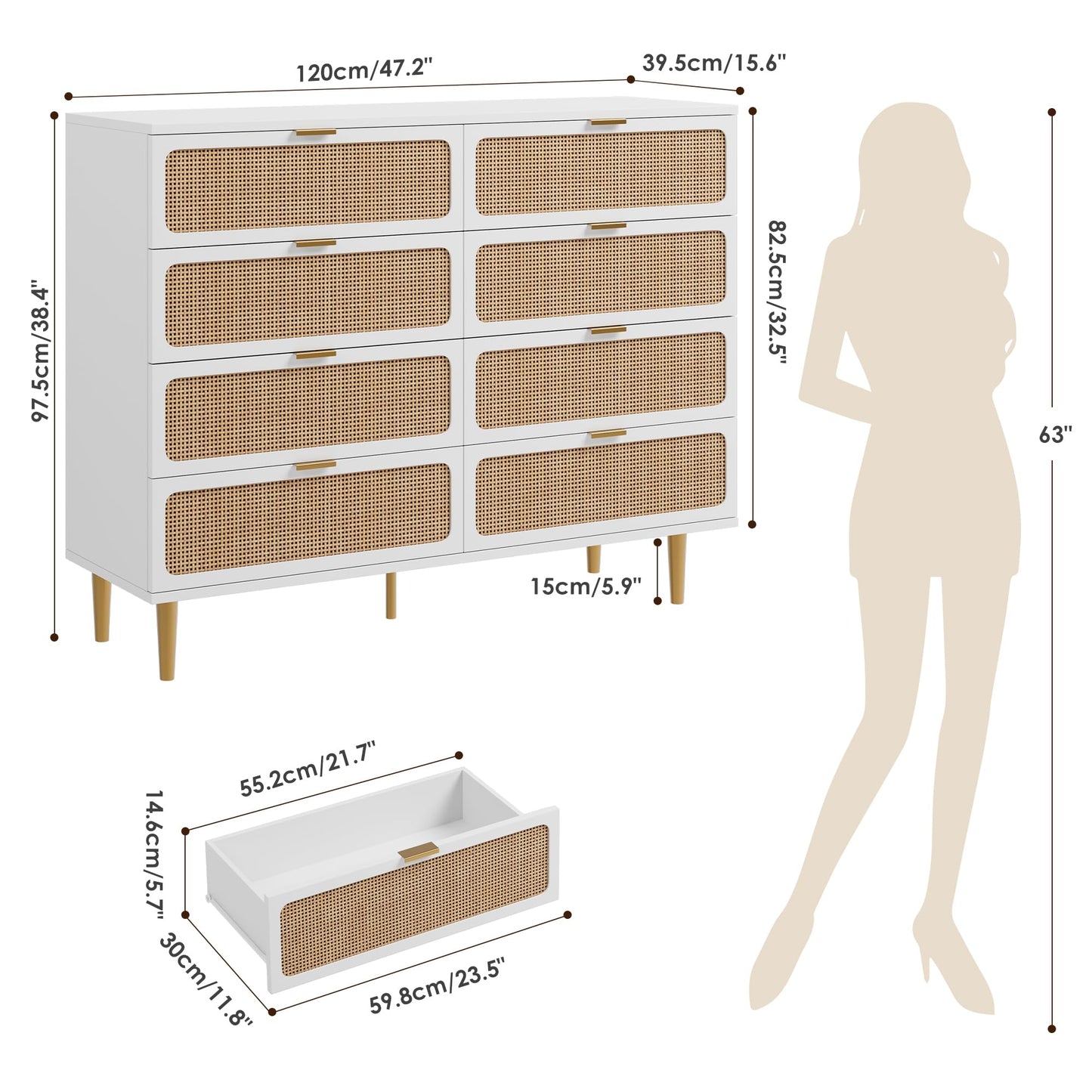 GarveeHome Rattan 8 Drawer Dressers for Bedroom, Tall Dresser with Deep Drawers, Large Chest of Drawers for Closet with Wide Top, Long Wooden Dresser for Living Room, Hallway, Kids Room, White