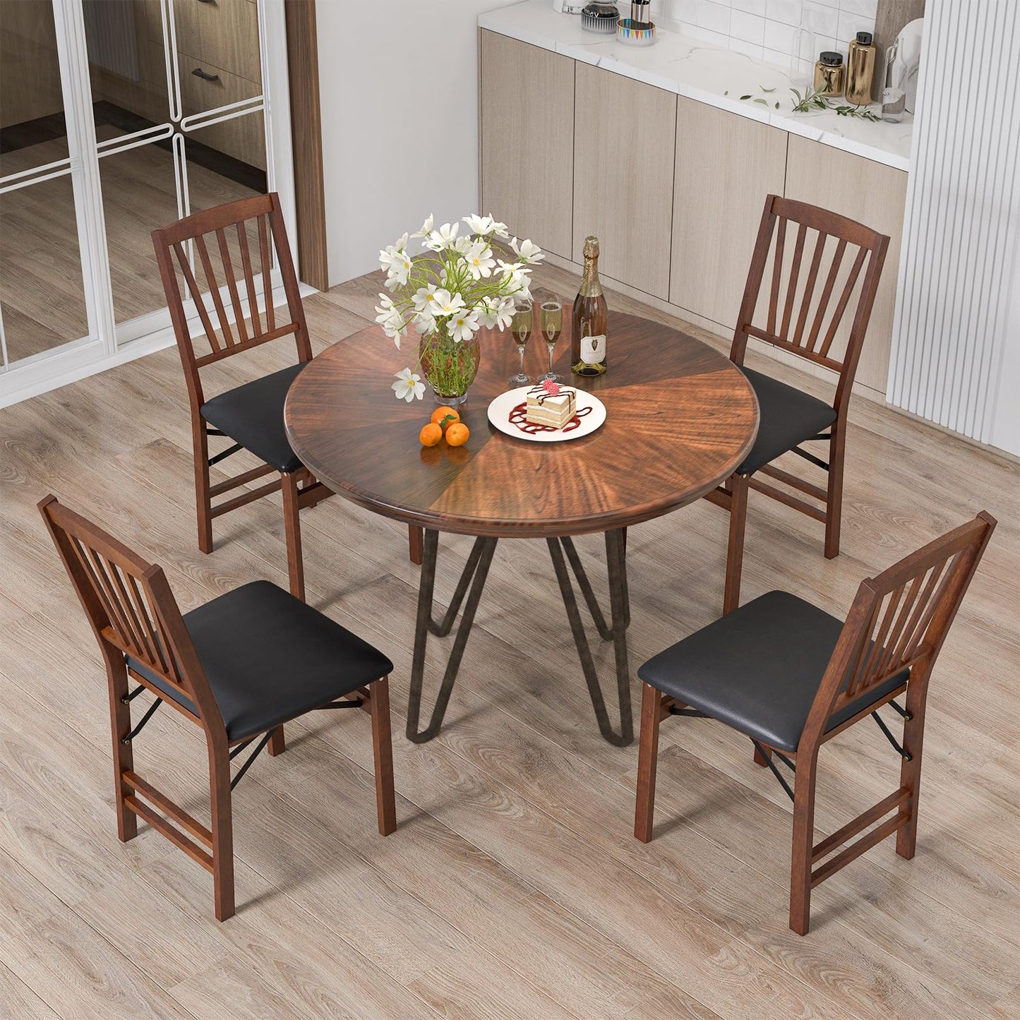 COSTWAY Folding Dining Chairs Set of 2, Upholstered Wooden Dining Room Chairs with PVC Padded Seat, Solid Wood Frame and 400LBS Capacity for Kitchen Apartment (Black & Brown)