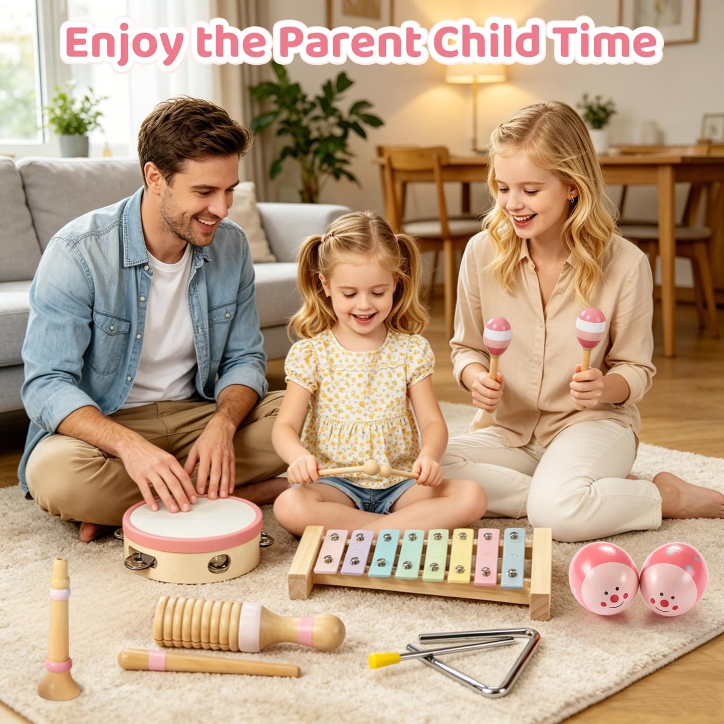 JOLLITO 9-Piece Kids Musical Instrument Set, Wooden Montessori Percussion Toys for Toddlers 1-3, Macaron Pastel Colors Xylophone Tambourine Maracas with Storage Bag, Preschool Educational Gift