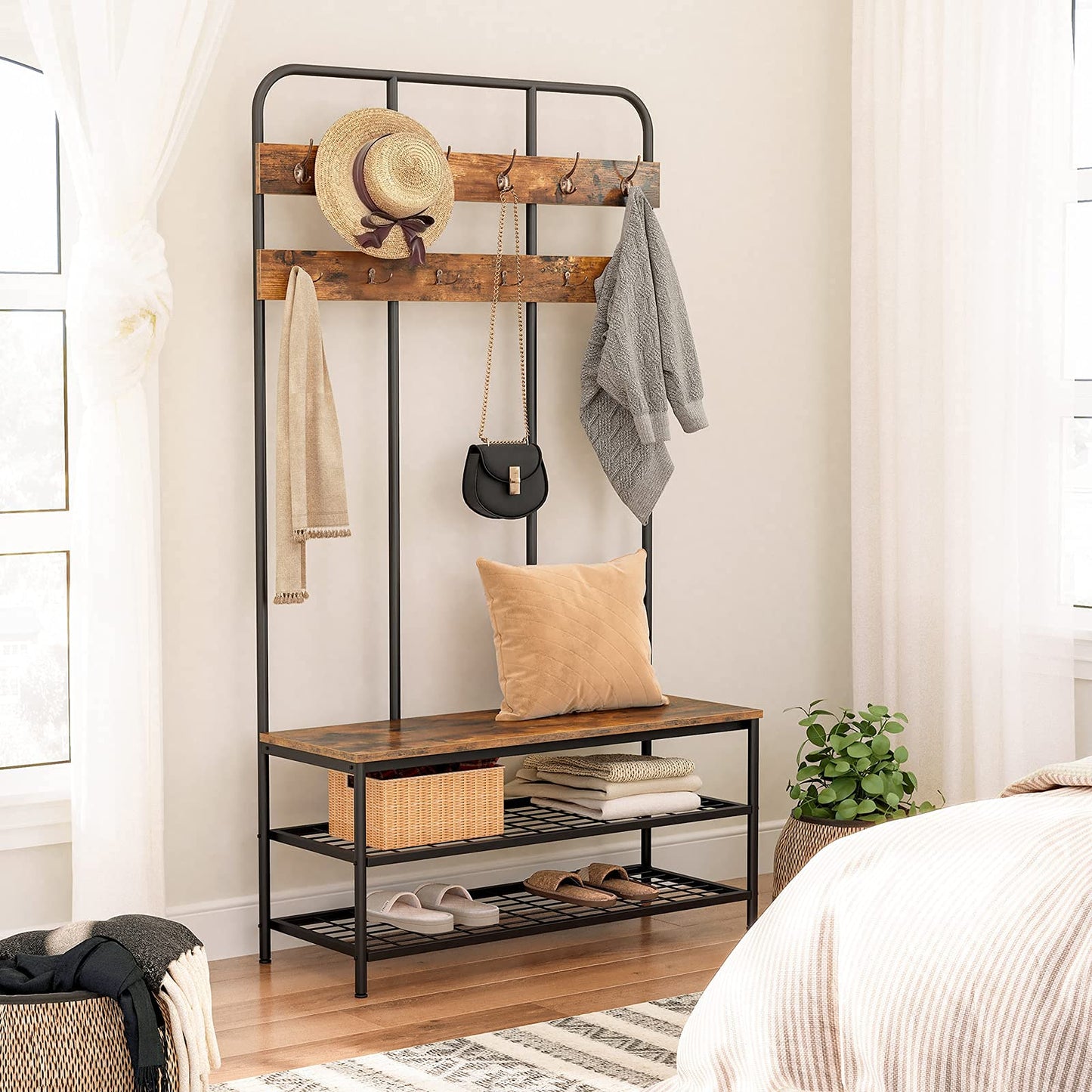 HOOBRO Extra Large Hall Tree with Shoe Bench and Coat Rack, Wood and Metal, 39.4"L x 14"W x 71.7"H