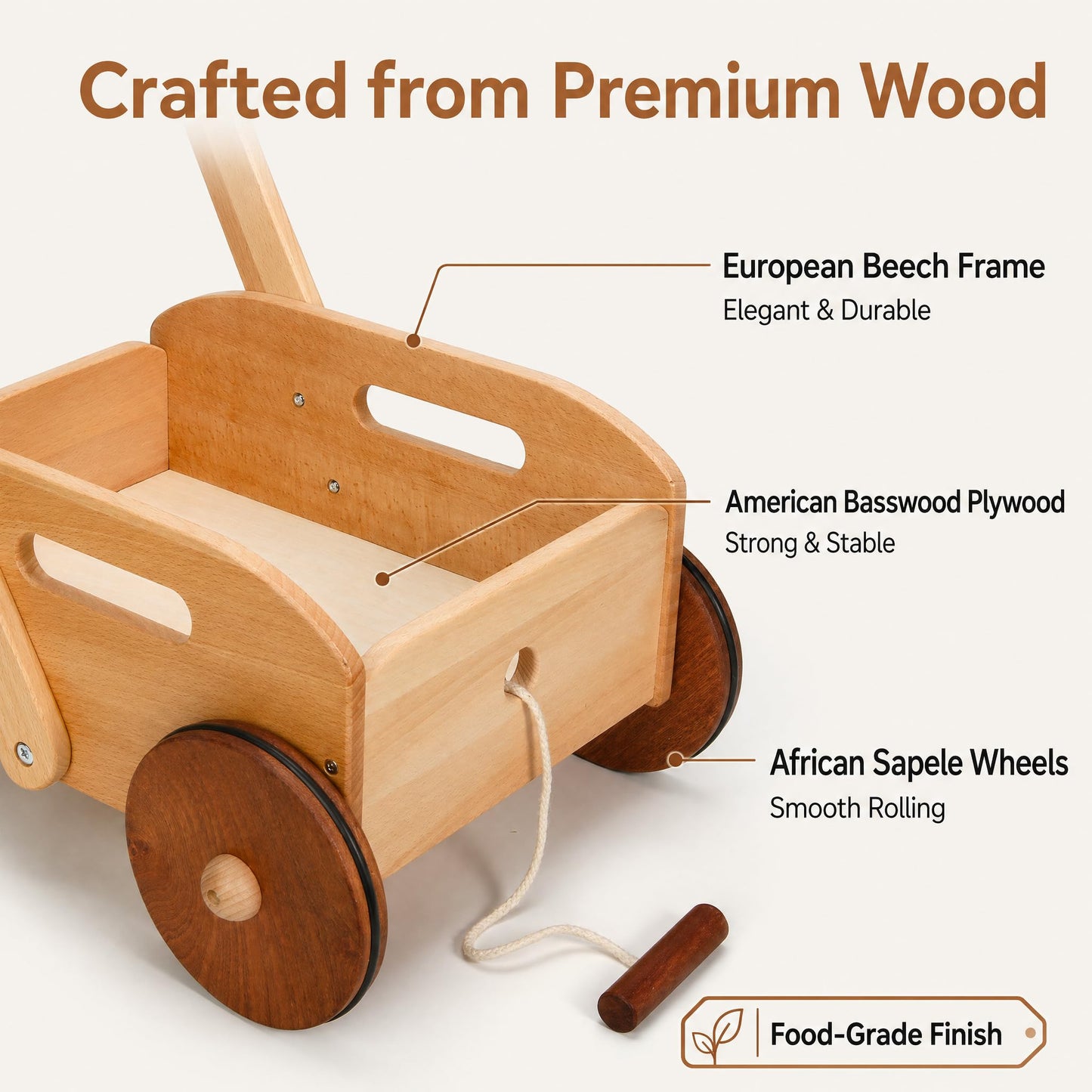 Woodtoe Wooden Baby Walker, Adjustable Speed Baby Push Walker, Montessori Push Toys for Babies Learning to Walk, Educational Walking Toys Gift for Toddler Boys Girls 1 2 3 Years Old
