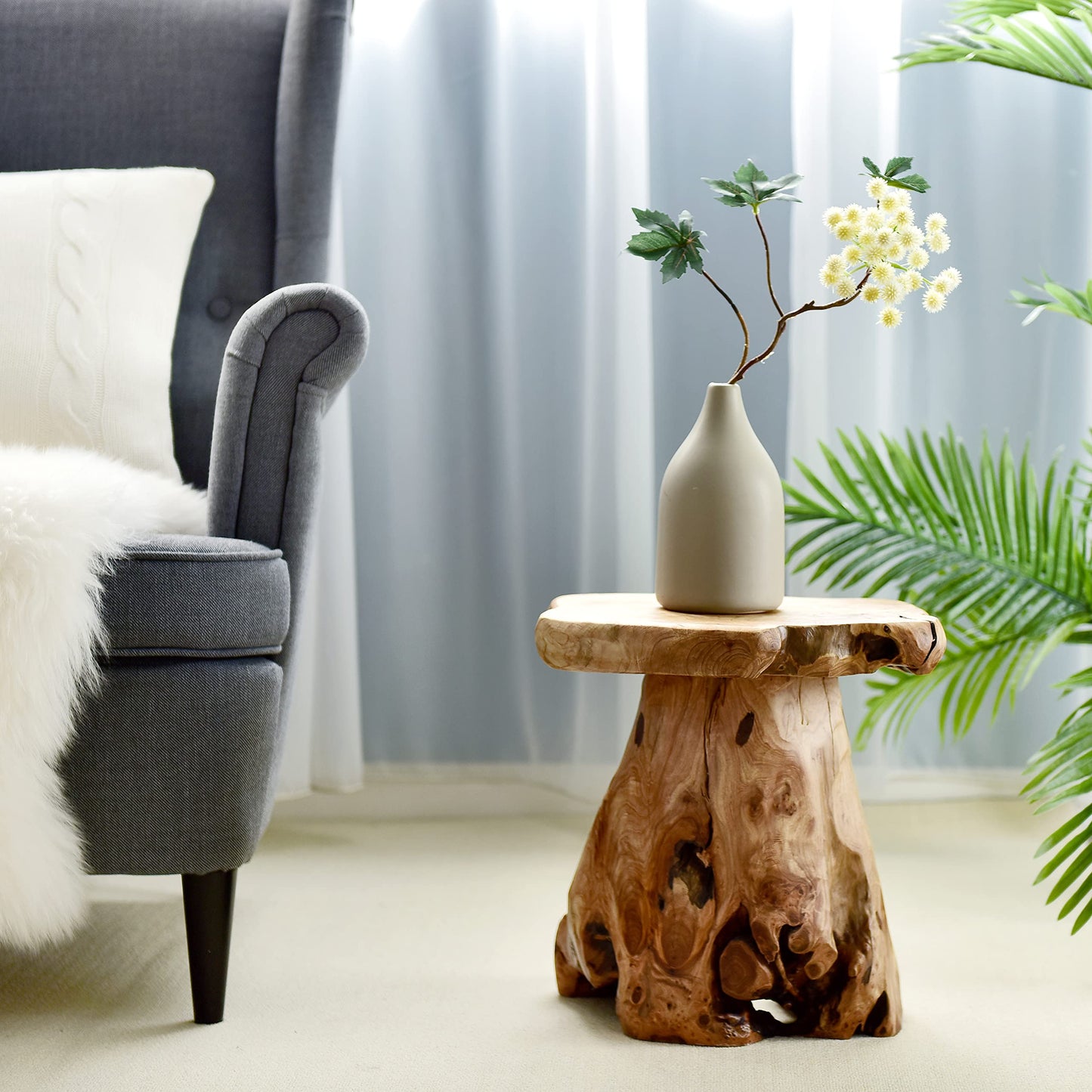 WELLAND Natural Cedar Stump Stool, 14" End Table, Live Edge Side Table, Plant Stand, Small Nightstand, Mushroom Stool for Living Room, Bedroom, Patio, Garden