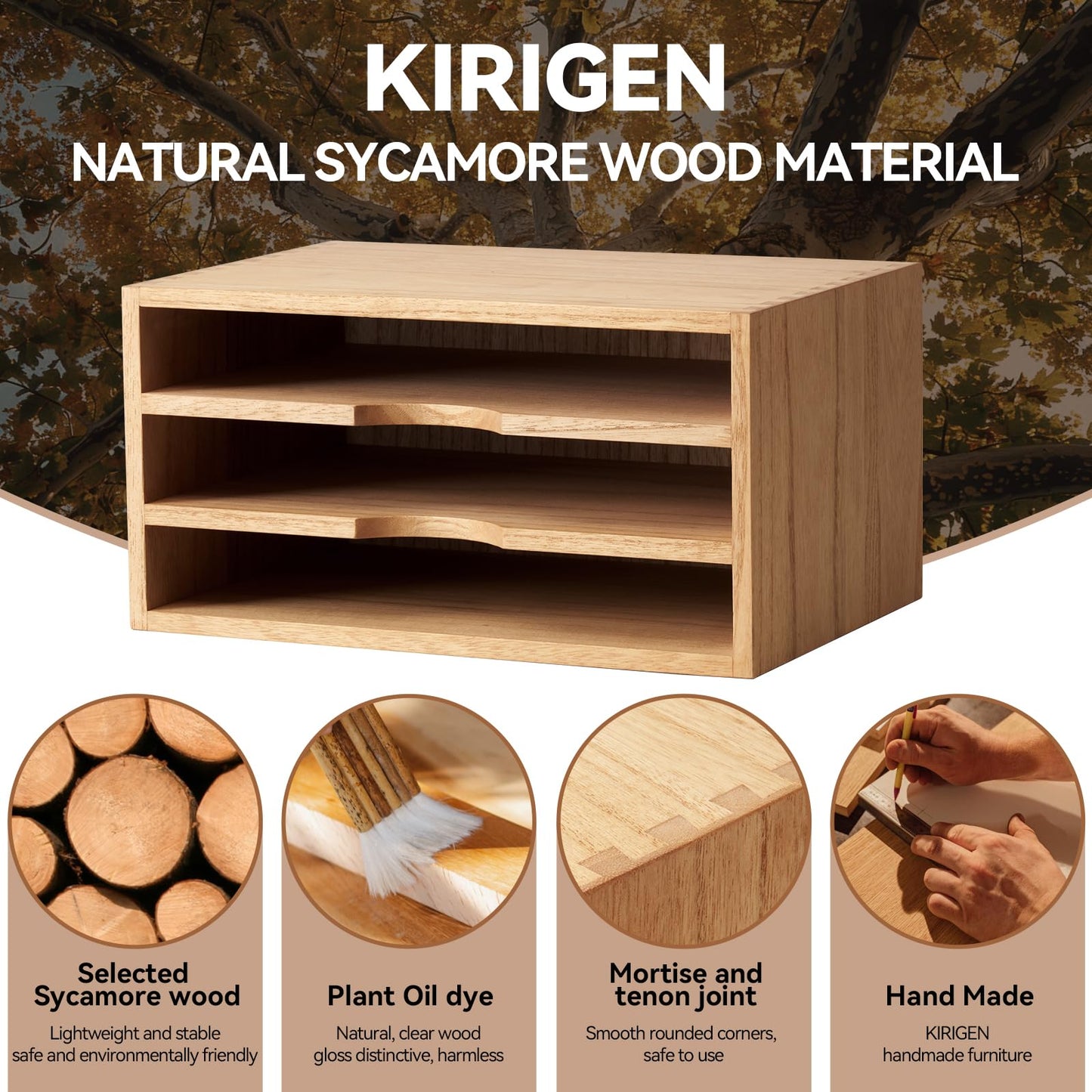 KIRIGEN Wooden Desktop Organizer, 3 Tier Solid Wood Letter Tray and Paper File Sorter for Desk, Freestanding Office Document Holder for Mail, Magazines, Folders, Natural 3KWJG-NA