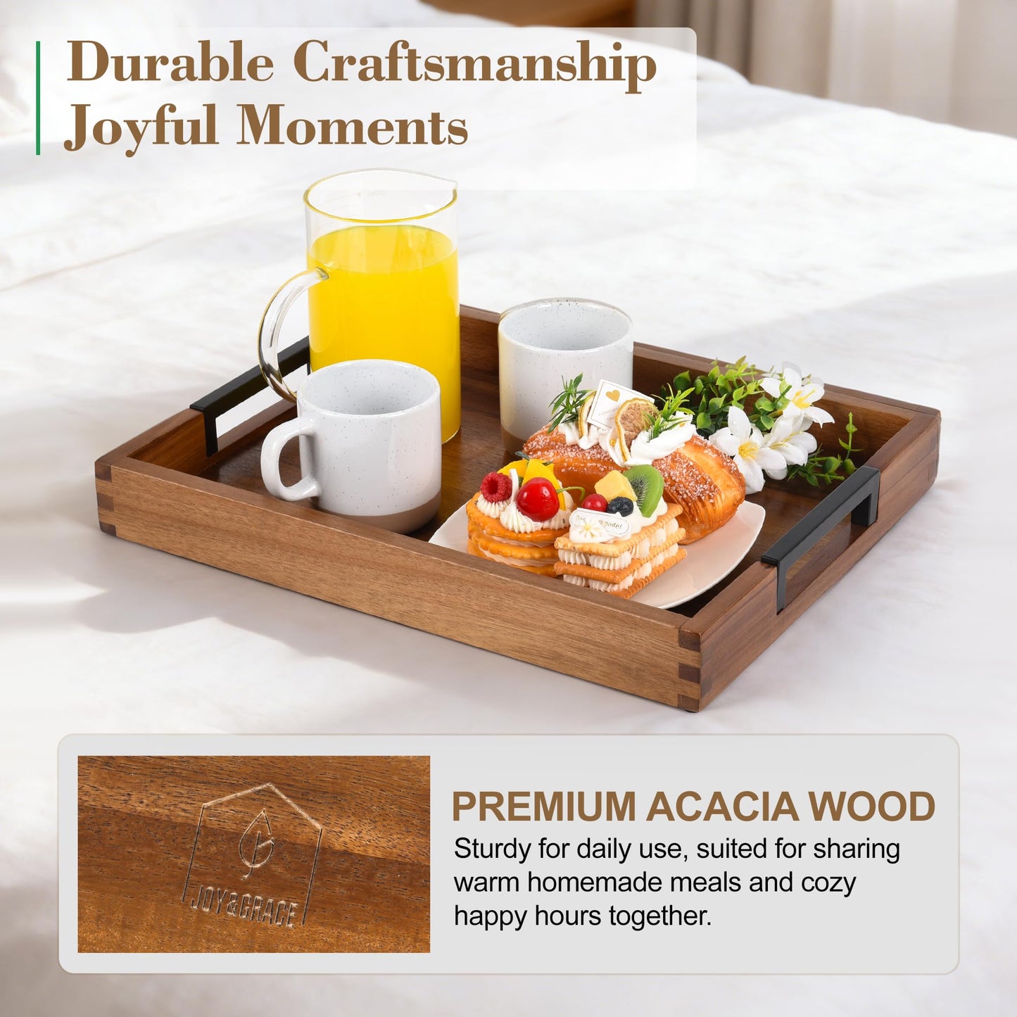 Large Ottoman Tray for Living Room and Coffee Table, Decorative Acacia Wood Serving Tray with Metal Handles for Breakfast in Bed, Dinner Food Kitchen TV (Natural, 20" x 14" x 2")