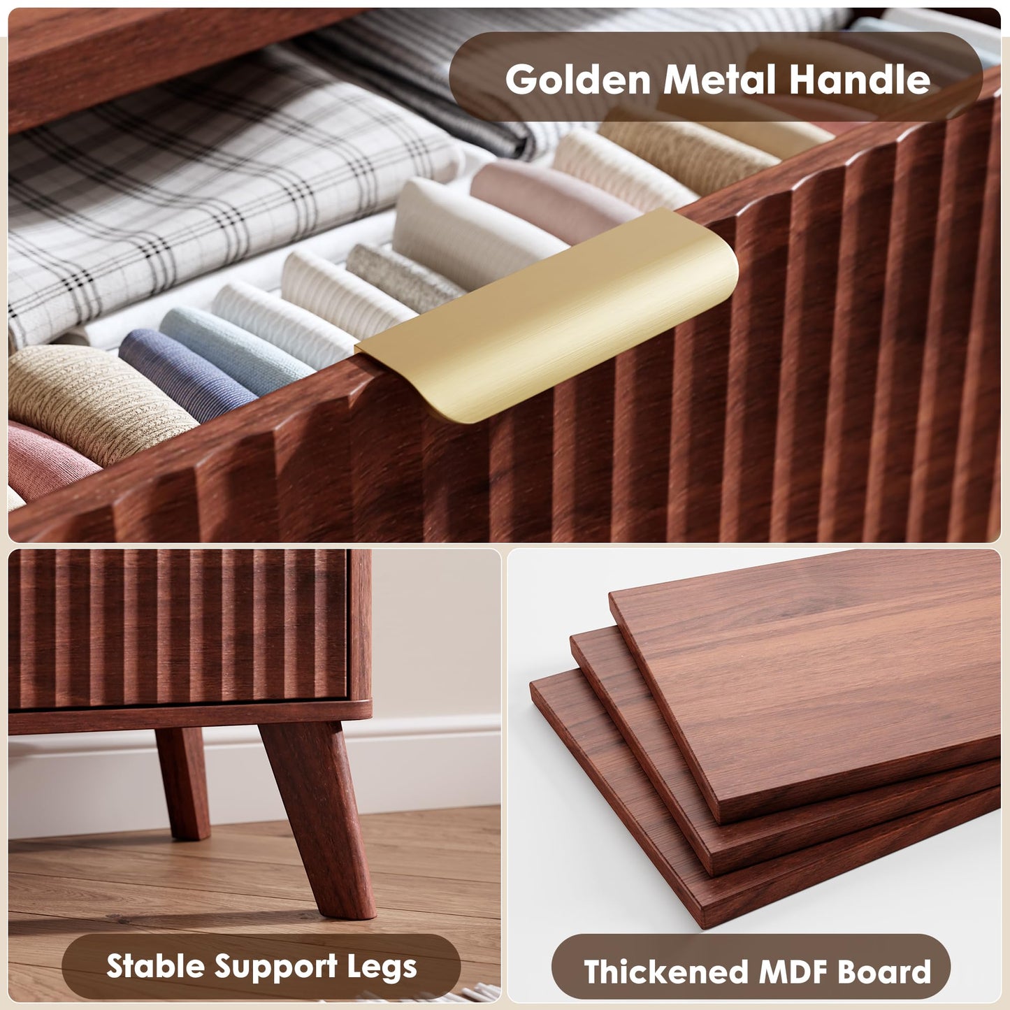 GarveeHome Fluted Dresser for Bedroom with 9 Deep Drawers, 60.6 in Wide Modern Chest of Drawers, Wooden Dresser TV Stand, Curved Profile Design, for Living Room, Kids Room, Hallway, Walnut