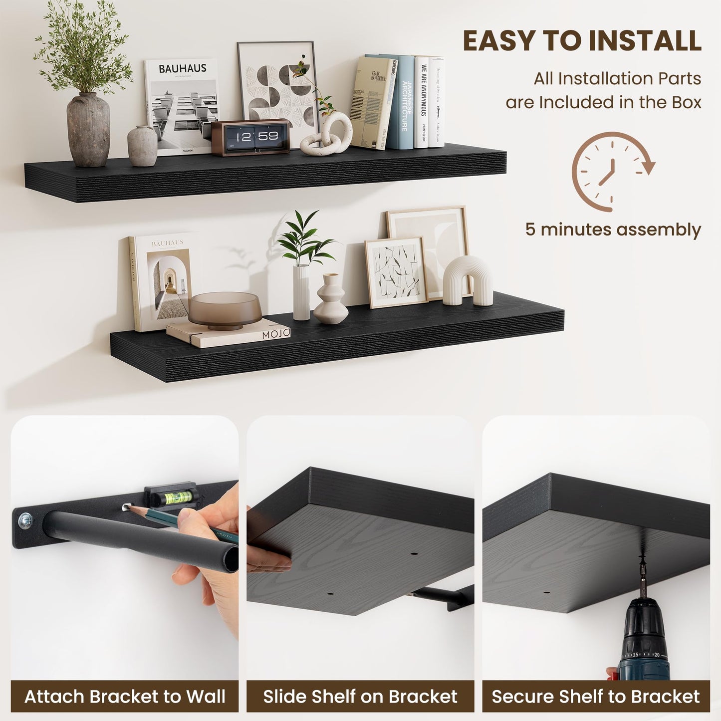 Fun Memories Floating Shelves for Wall, 32 Inch Long Floating Shelves Set of 2, 32 x 10 Wooden Shelves for Wall, Large Storage Shelves, Hanging Shelves for Bathroom Kitchen Bedroom, Black
