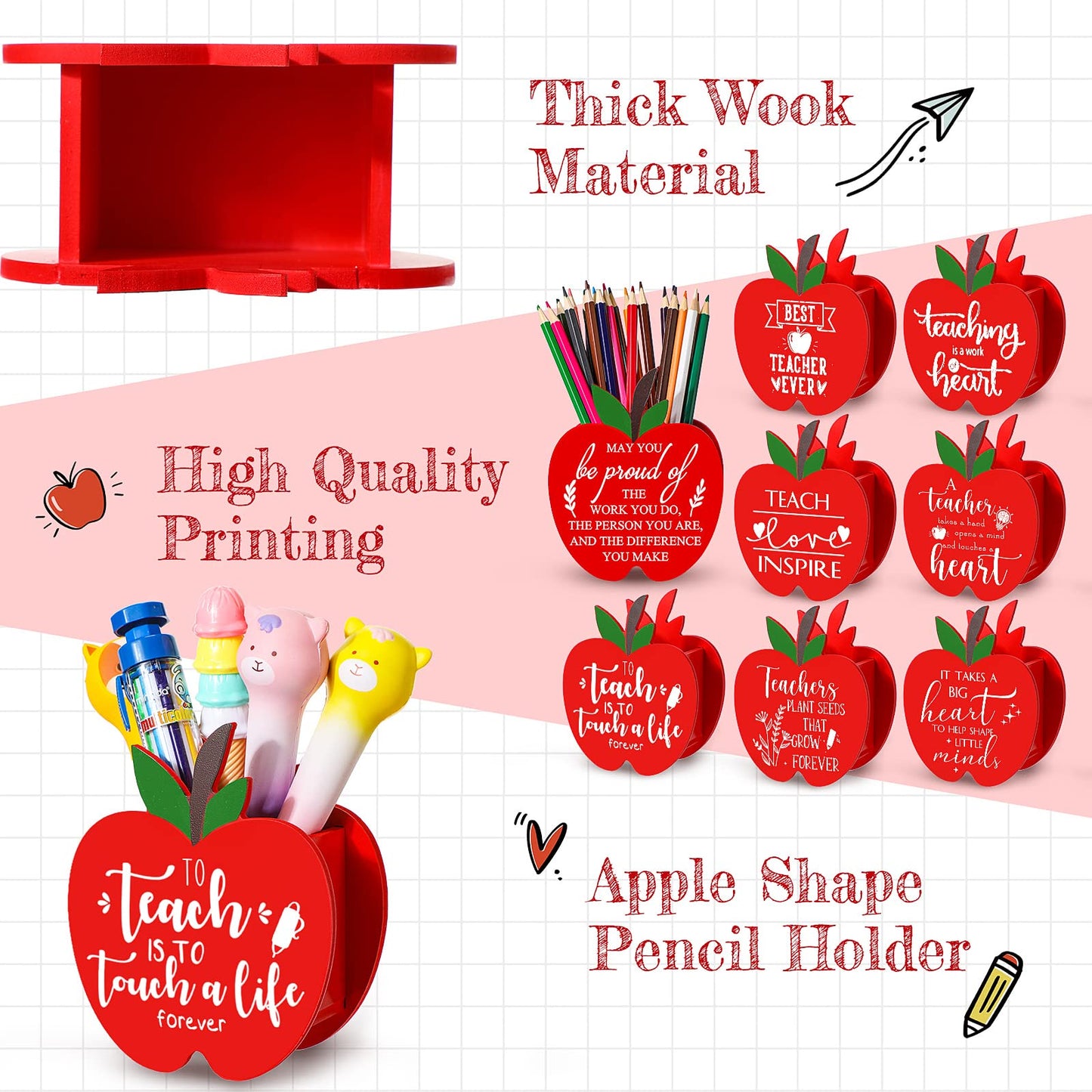 Fuutreo 8 Pcs Teacher End of Year Gifts Teacher Appreciation Gifts Pencil Holder Apple Wooden Pencil Holder Thank You Pencils Organizer for Classroom School Desktop