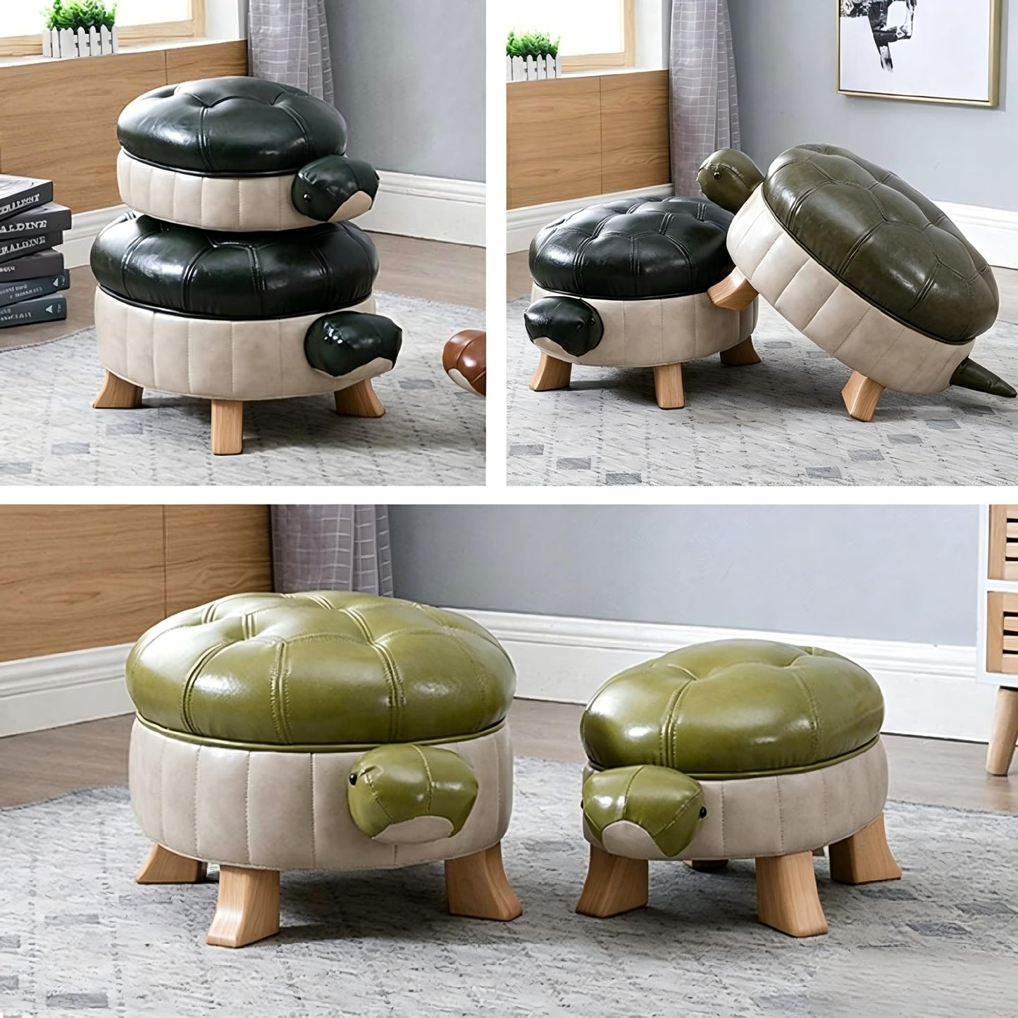Kelendle Animal Footstool Turtle Upholstered Ottoman PU Leather Pouf Wood Foot Stool Rest for Living Room Bedroom Sofa Bench Seat Chair, Grass (Large, Green)