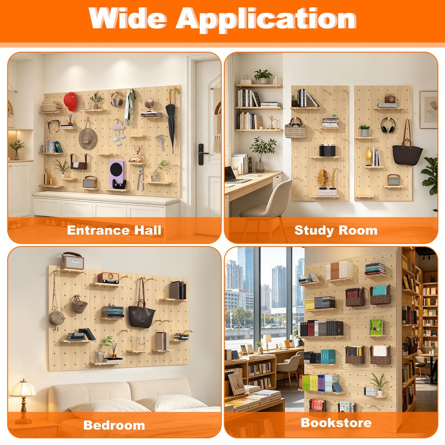 AMSXNOO Wood Pegboard Wall Organizer Panels, Wooden Pegboard Combination Wall Organizer Kit, Display Peg Board Panel Kits for Office Bedroom Livingroom Studyroom (Wooden Color, 31.5X47.2IN/80X120CM)