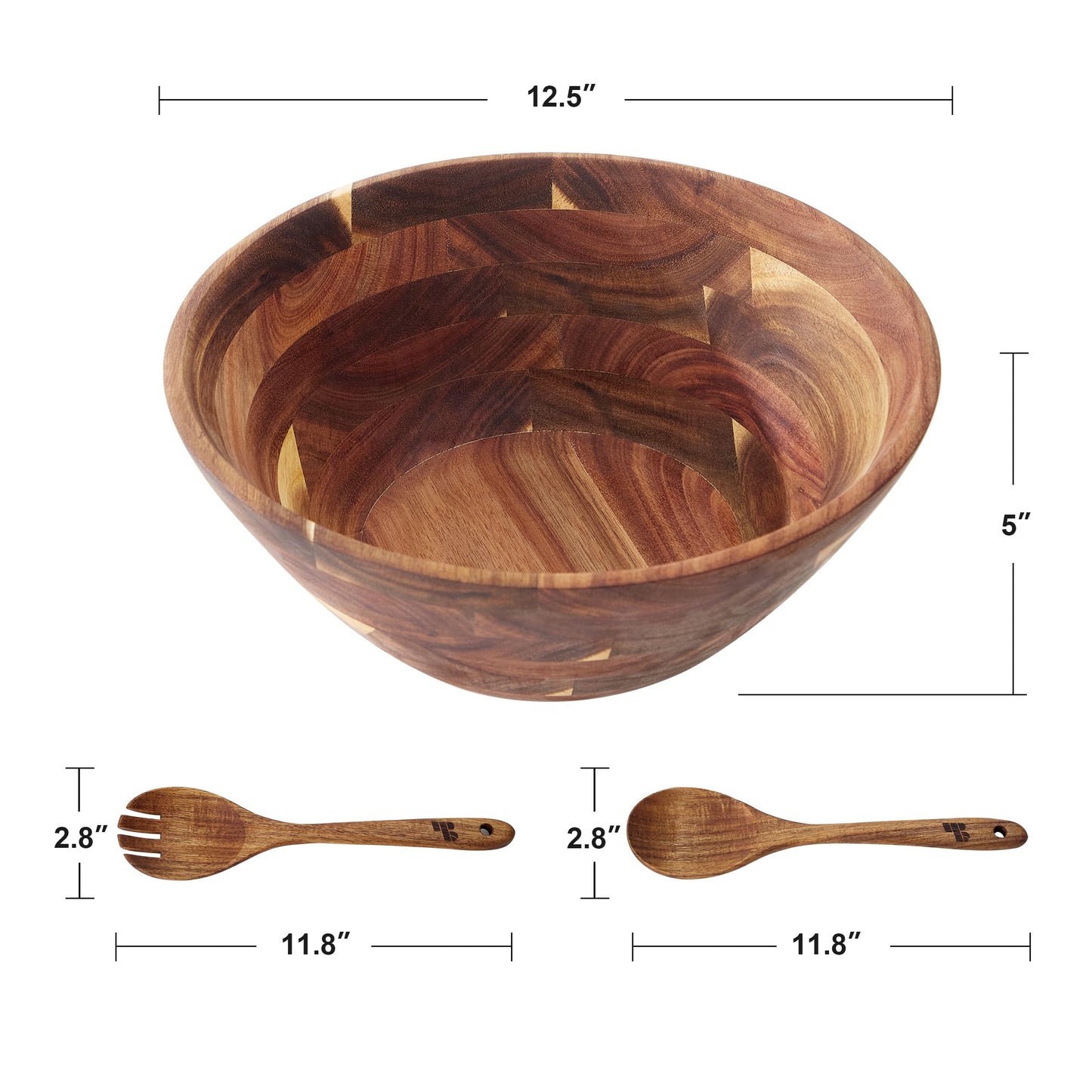 Wooden Salad Bowls with Serving Utensils, Large 12.5" Acacia Wooden Bowls for Food, Perfect as Fruit Bowl, Serving Bowls, Mixing Bowls, Handmade, Durable and Stylish Natural Wood Dinning Accessory