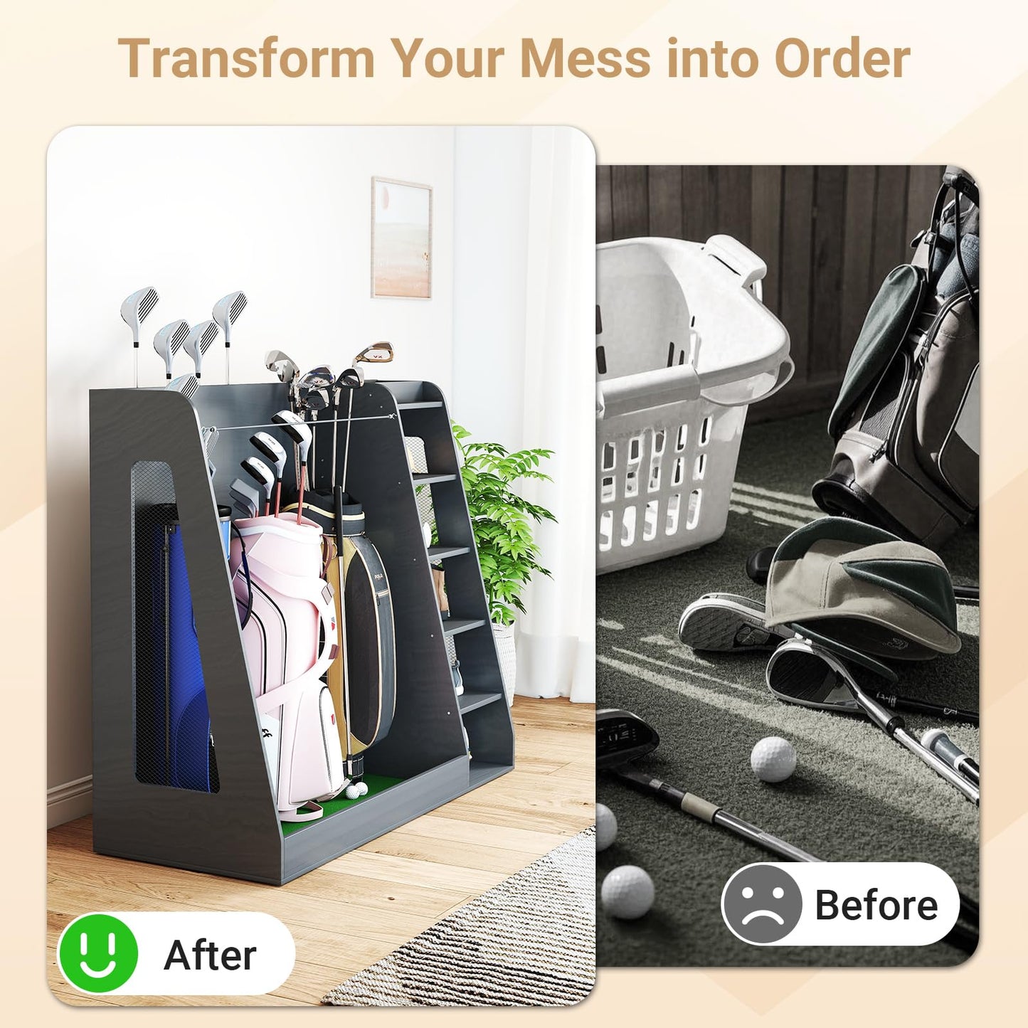 Zevemomo Wooden Golf Bag Organizer with Wheels, Golf Storage Organizer for Garage, 3 Golf Bag Storage Rack, Holds 3 Golf Bags and Golf Equipment, Suitable for Garage Home Golf Club, Gray