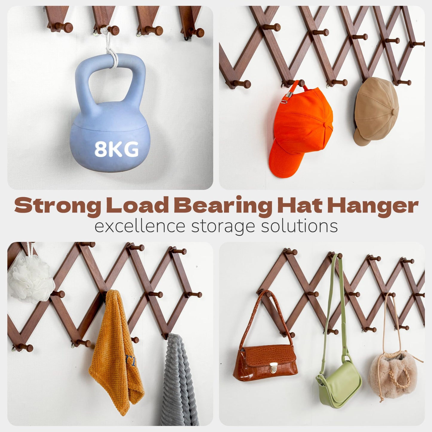 Cozcty Accordion Wall Hanger, Wooden Hat Rack for Wall with 16 Hooks, Expandable Peg Hat Hanger Organizer, Decorative Coat Rack Hanging Baseball Caps, Bags, Scarves (Walnut)