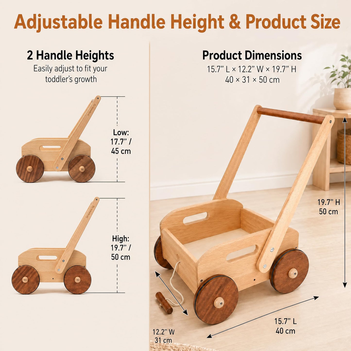 Woodtoe Wooden Baby Walker, Adjustable Speed Baby Push Walker, Montessori Push Toys for Babies Learning to Walk, Educational Walking Toys Gift for Toddler Boys Girls 1 2 3 Years Old