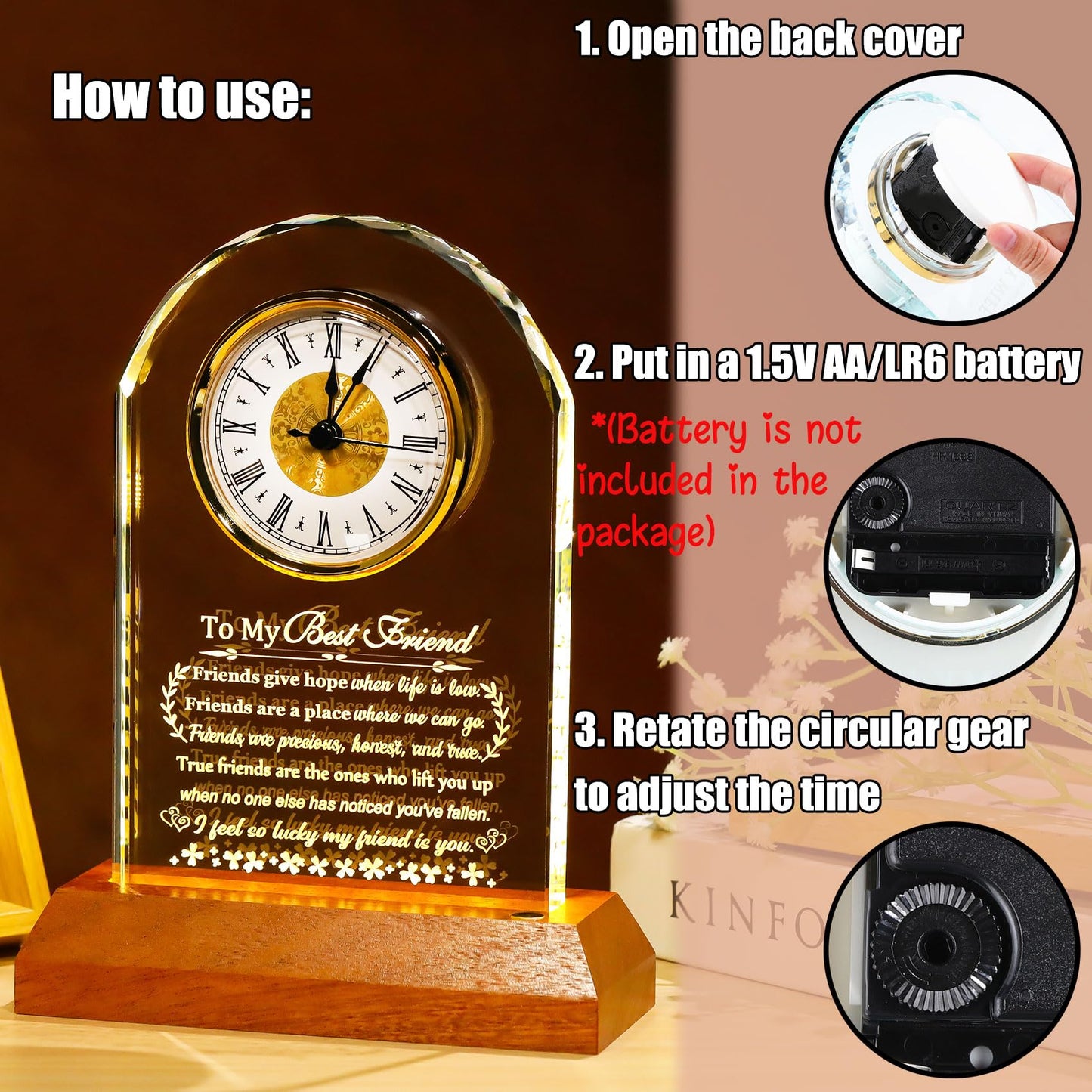Arikyrist Best Friend Birthday Gifts for Women Men Crystal Clock with Wooden LED Light Base to My Best Friend for Christmas Friendship Gifts Unique Home Office Desk Decor