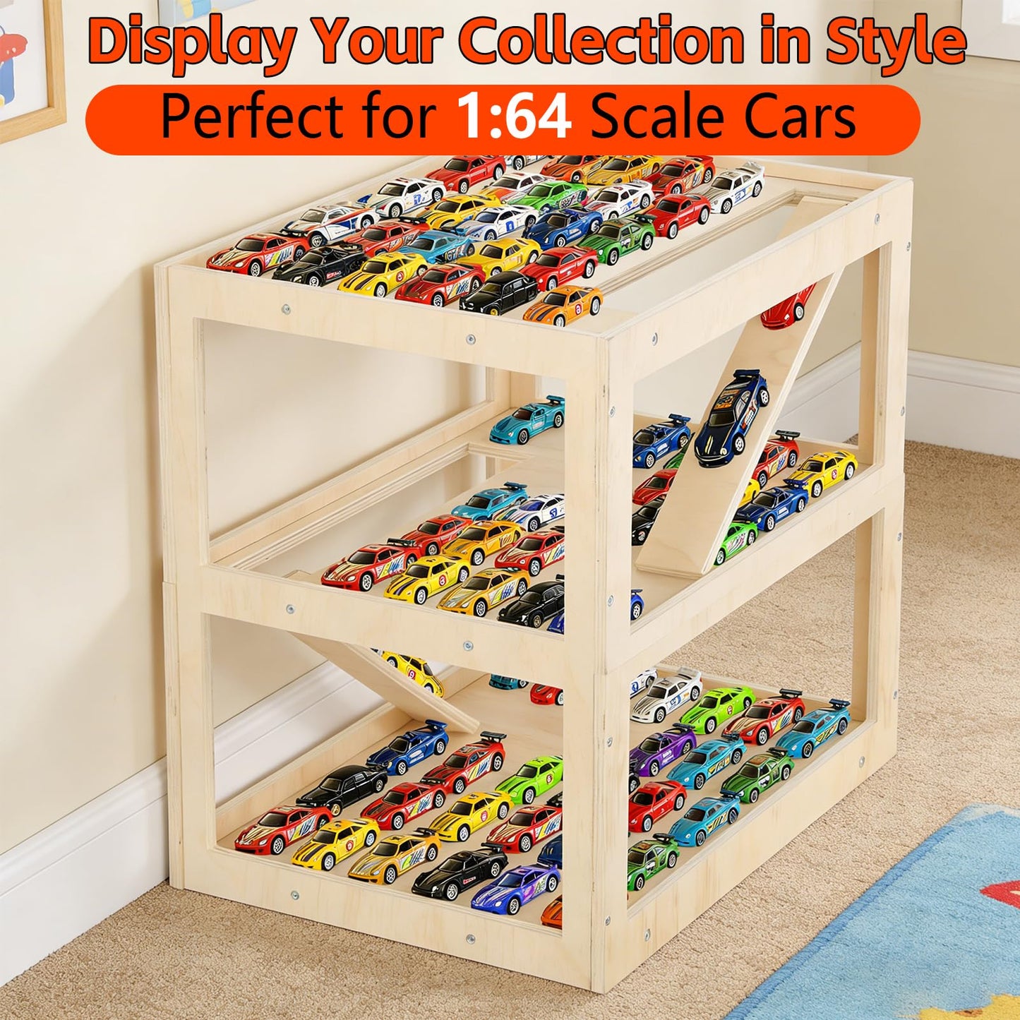 Display Case for Hot Wheels Garage & Matchbox Cars 1/64 Scale Diecast Toy Car Garage, Storage Case for Hot Wheels, Parking Diorama Toy Car Parking Ramp for 1/64 1/24 1/18