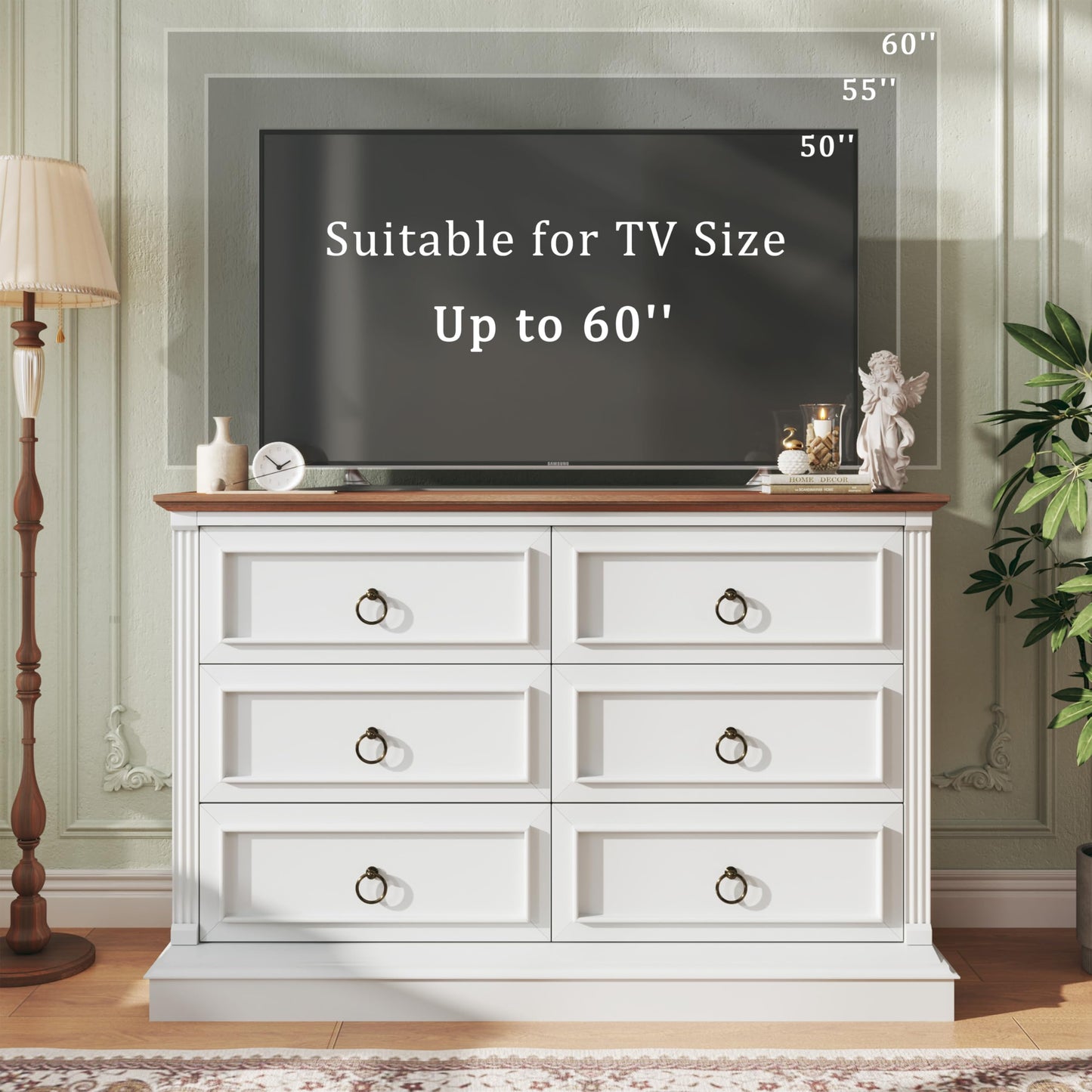 HUAHUU Farmhouse 6 Drawer Dresser for Bedroom, 47" Wide Chest of Drawers with Roman Column, White Wood Dresser with Antique Bronze Circle Handles, Storage Organizer for Living Room, Hallway, Entryway