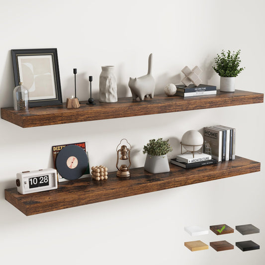 72 Inch Long Floating Shelves for Wall 2 Pack, 12"D Wood Grain Bathroom Shelves with Invisible Brackets, Easy Install Engineered Wood Storage Shelves for Kitchen, Living Room, Bedroom, Rustic Brown