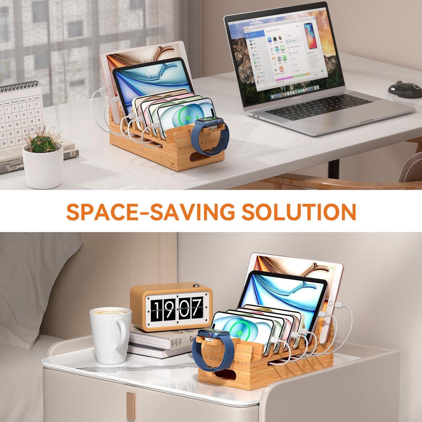 Pezin & Hulin Bamboo Charging Station with Watch Stand, Docking Holder for Multi Device with 5 Port USB Charger HUB, 5 Charge Cables, Desktop Electronic Organizer for Cellphone, Tablet, Watch