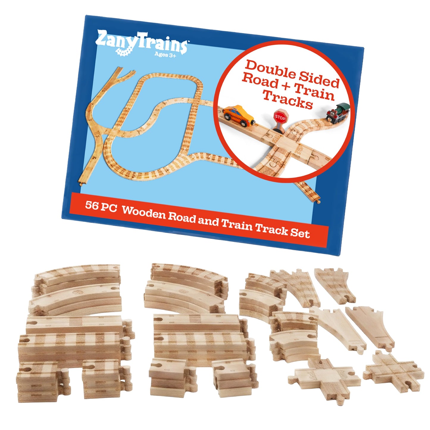 56 Piece Wooden Street and Train Track Set - for Wooden Vehicles and Trains - Train Track Accessories Compatible with All Wood Train Track Sets