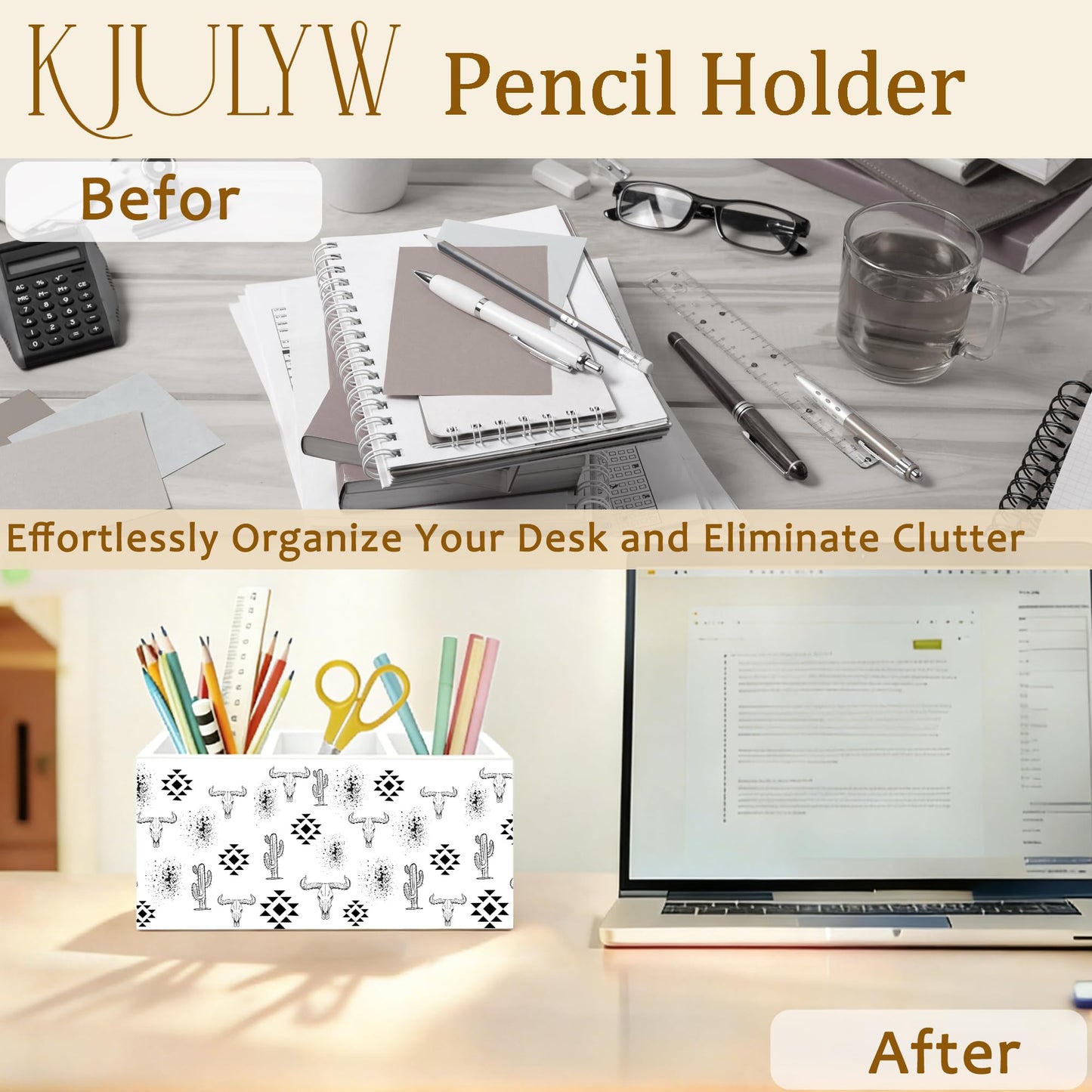 KJULYW Western Desk Accessories Pen Holder, Western Office Decor, Boho Aztec Bull Skull Cactus Wooden Box Pencil Pen Holder Organizer for Home Office Desk Accessories
