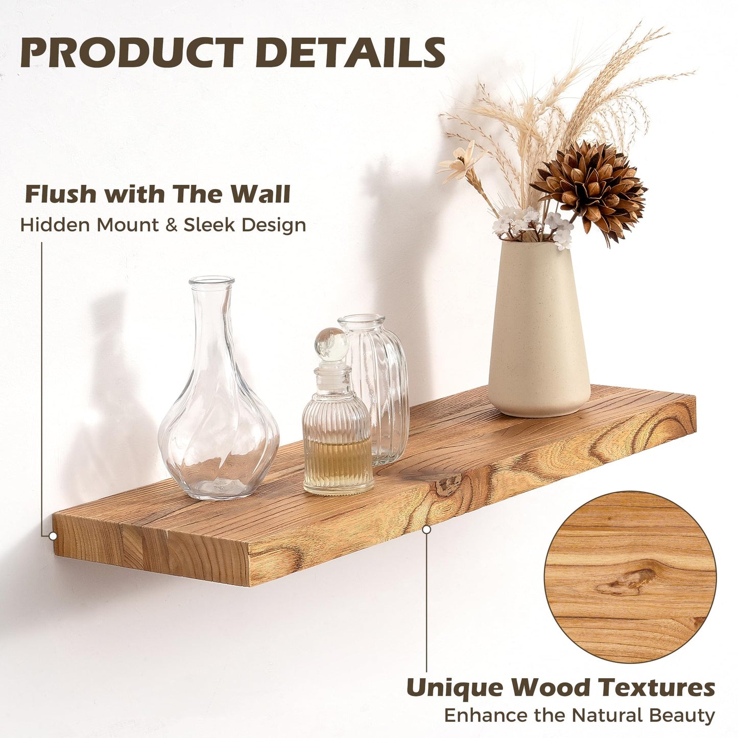 RICHFOCUS 20inch Natural Floating Shelves for Wall, 8" Deep High End Solid Real Wood Wall Shelves for Bathroom, Rustic Wooden Floating Shelves with Invisible Brackets for Books Storage Decor, Set of 2