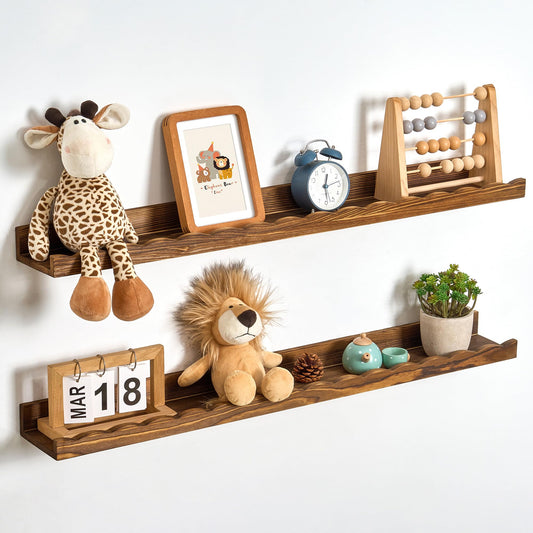 Fun Memories Picture Ledge Shelf for Wall, 36 inch Pine Wood Nursery Book Shelves Set of 2- Wall Book Shelves for Kids Room, Home Decor - Kitchen Spice-Carbonized