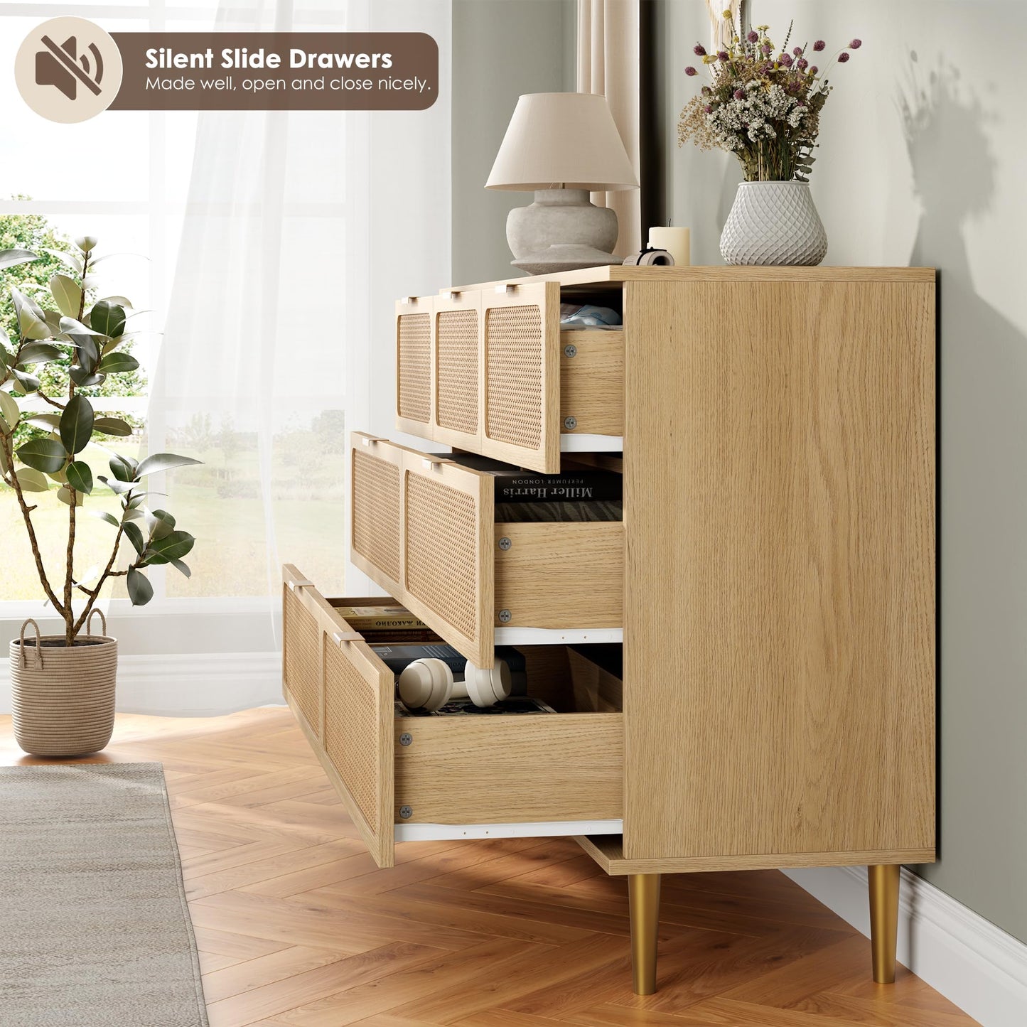 GarveeHome Rattan 7 Drawer Dressers for Bedroom, Tall Dresser with Deep Drawers, Large Chest of Drawers for Closet with Wide Top, Long Wooden Dresser for Living Room, Hallway, Kids Room, Natural