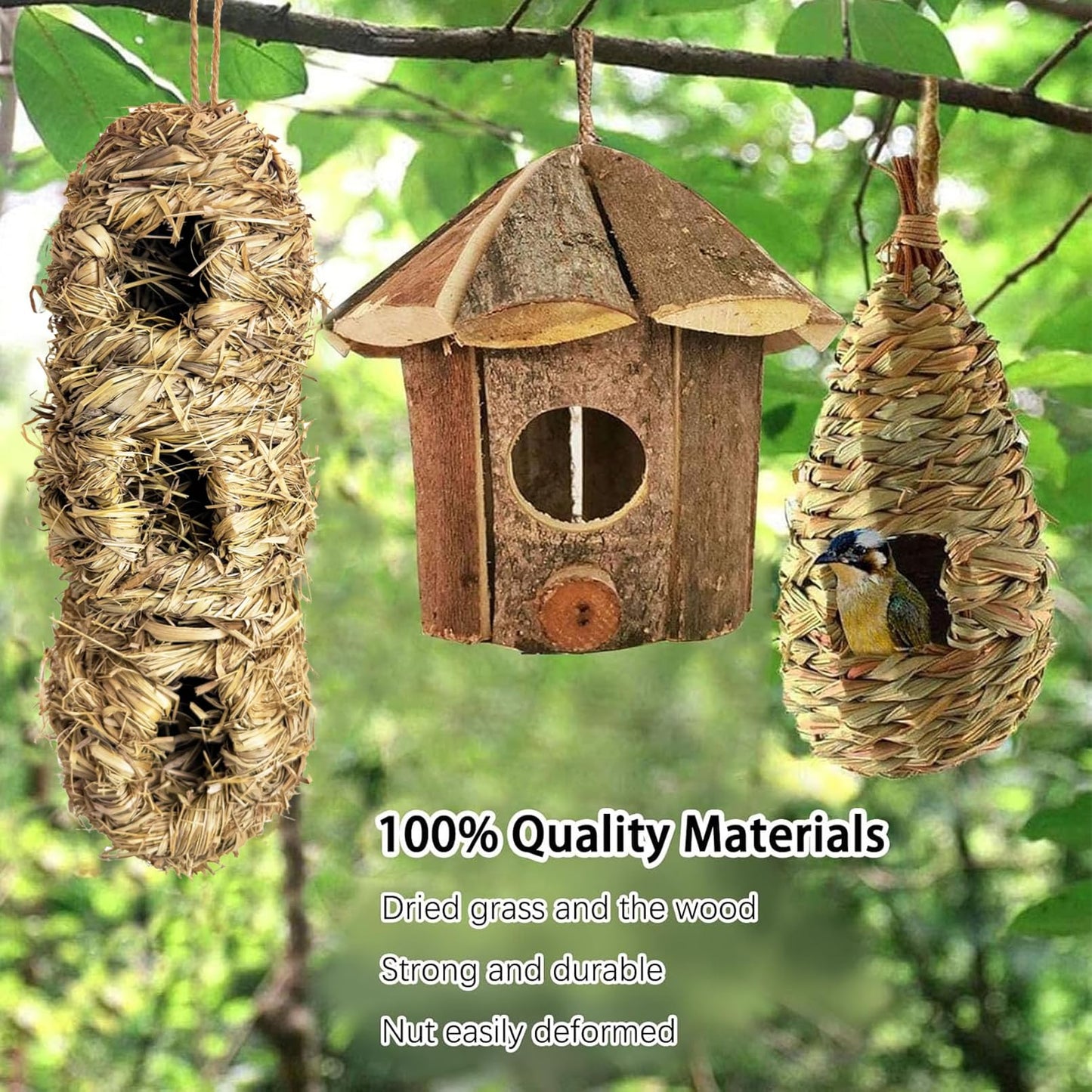 Hamiledyi Humming Bird Houses Nest, Hand Woven Wooden Vintage Chickadee Finch Hut Outdoor Hanging Natural Grass Birdhouse Nest for Canary Finches Robin Wren- Set of 3
