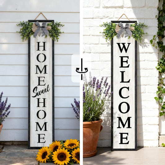 Welcome Sign for Front porch Standing 45"X9" Double-Sided Wood Frame Outdoor Tall Welcome Signs Vertical Decor for Farmhouse Rustic Home Modern Outside Front Door Wall Decorations