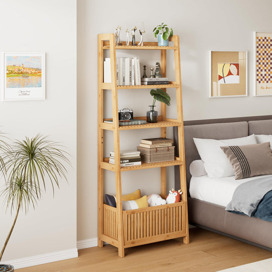 Bamjoy Bamboo Ladder Shelf, Bookshelf with 4 Display Shelves and 1 Open Storage Basket, Multifunctional Storage Rack Organizer for Home Office, Bedroom, Living Room, 66” H Natural