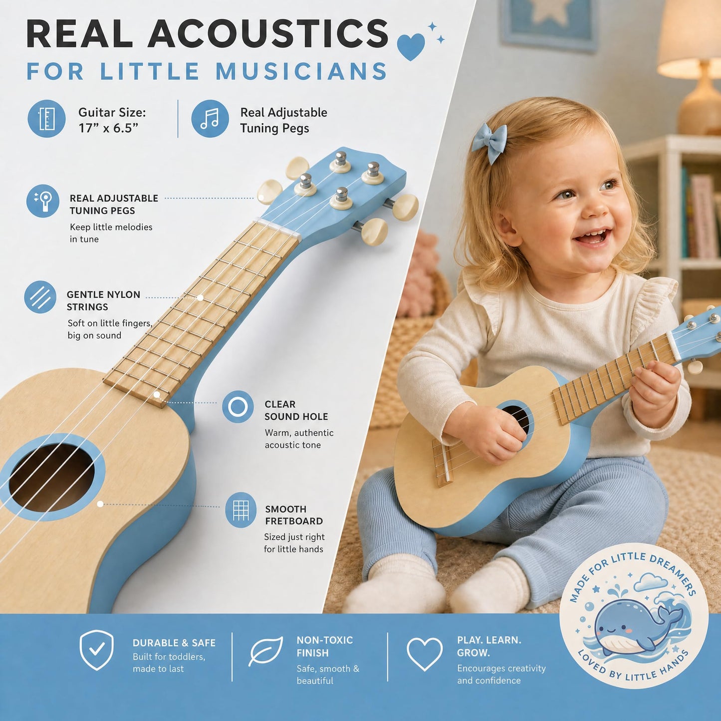 Soundo Kids Musical Instruments Set - 7P Toddler Ukulele for 2+ Year Old Boys Girls, Birthday Gifts for Kids 2 - 5, Christmas Wooden Toys, Party Kit with Ukulele, Maracas, Tambourine (Blue)