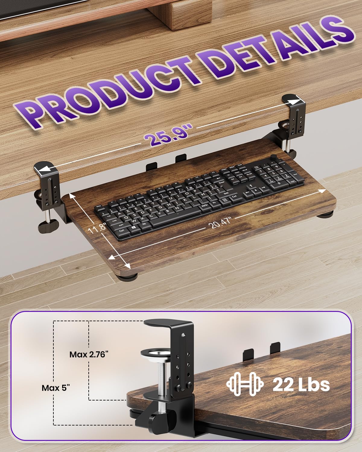 Zontera Ergonomic Mouse & Keyboard Tray Under Desk, Pull Out with Adjustable C-clamp, 20 (25.9 Including Clamps) x 11.8 Inch Slide Out Computer Keyboard Drawer Mouse Tray for Typing, Rustic Brown