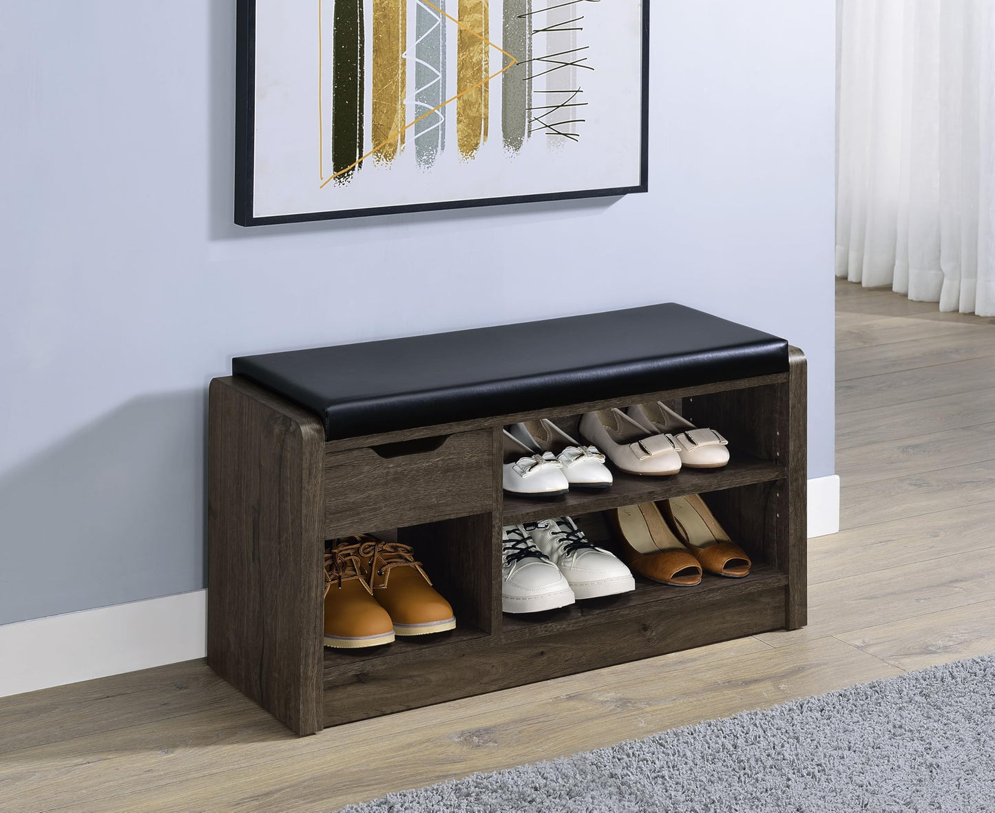Coaster Home Furnishings - Arrington - Engineered Wood - Storage Bench with Pull-Out Drawer, Adjustable Shelf and Open Compartment - Entryway & Living Room- Smoked Oak Finish - 910321