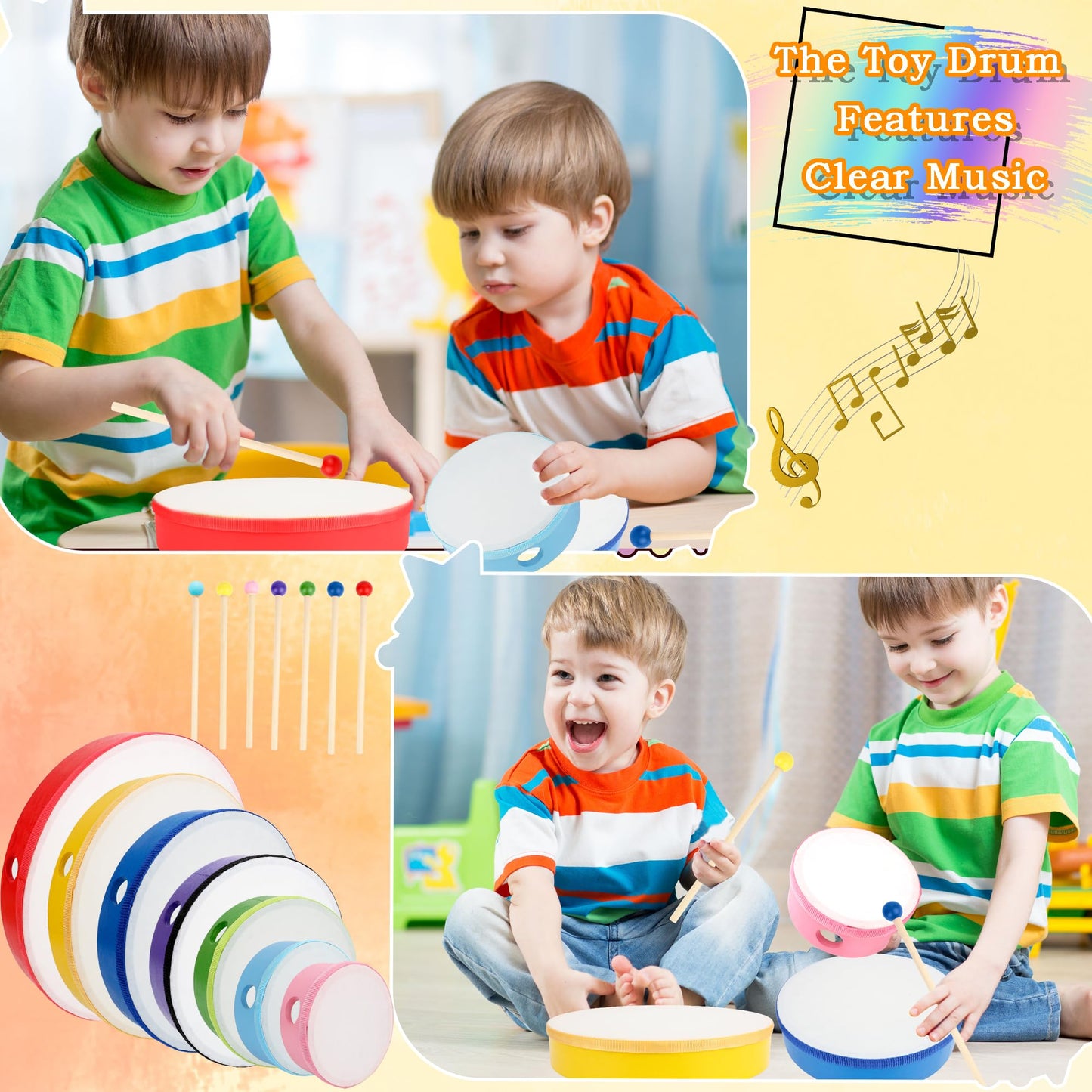 7 Pack Hand Drums Set 12 10 8 7 6 5 4 Inch Wood Frame Drum with Drumsticks Percussion Instruments for Kids Adults School Church Party Gifts