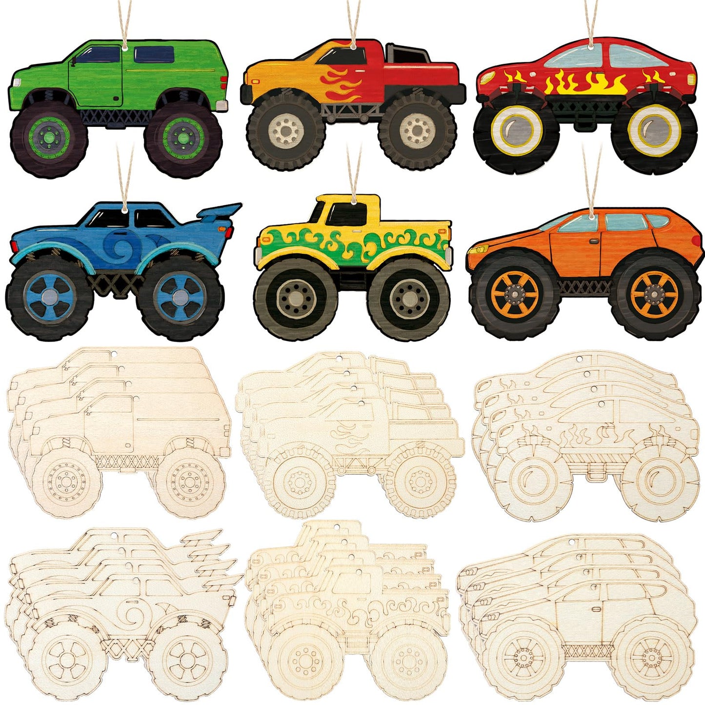 Simgoing 36 Pcs Wooden Cars to Paint Unfinished Wood Monster Truck Cutouts Crafts Hanging Ornaments DIY Blank Wood Crafts for Home Birthday Craft Supplies & Party Decorations