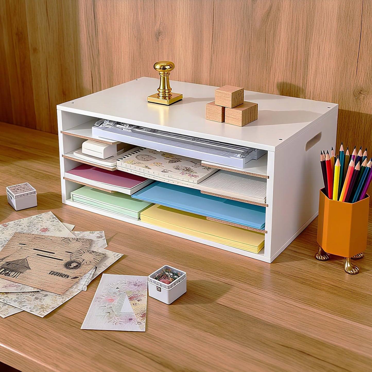 Timisea Construction Paper Organizer16 x13,Larger Size Wooden Literature Organizer,4Tier Desk File Organizer with Adjustable Shelves,Stackable Scrapbook Paper Storage Cube for Home Office Classroom