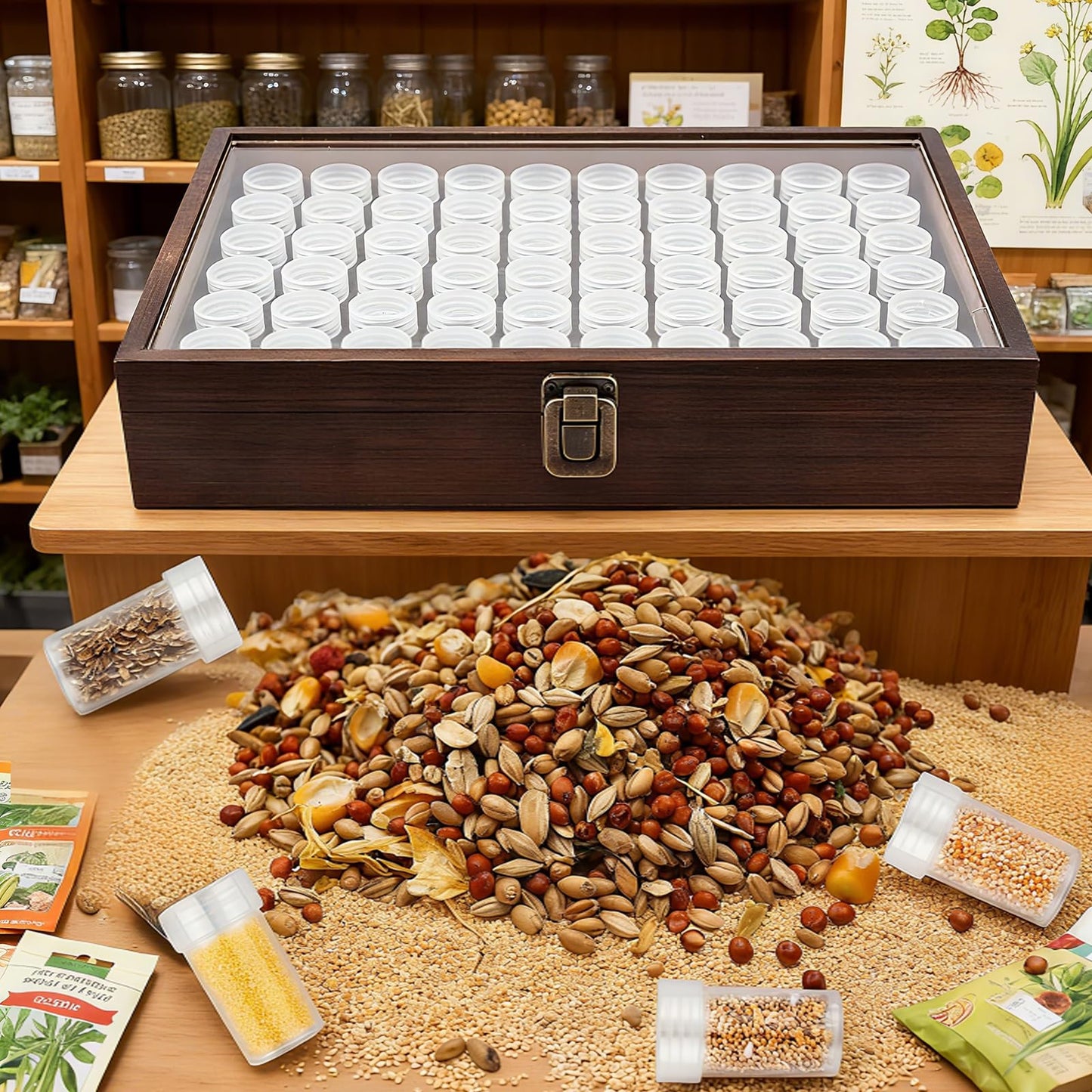Wooden Seed Storage Organizer, 60 Slots Pine Wood Box with 96 Labels & Foam Inserts, Professional Saver Kit for Gardeners – Container for Flower/Vegetable Seeds