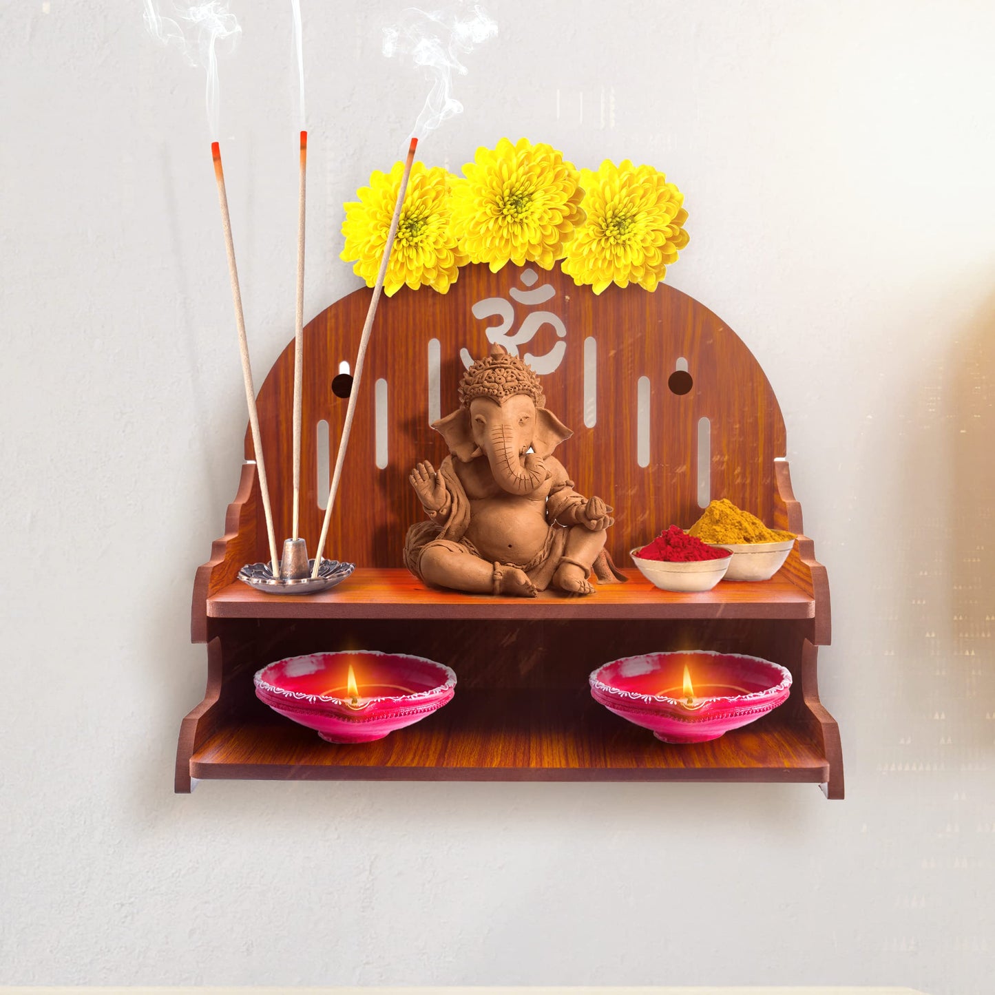Tarini Gallery Wooden Wall Mounted Hanging Table top Temple Pooja Mandir God Stand Shelf for Storage and Idols Decoration for Home Office and Gifting (Brown- Design2)