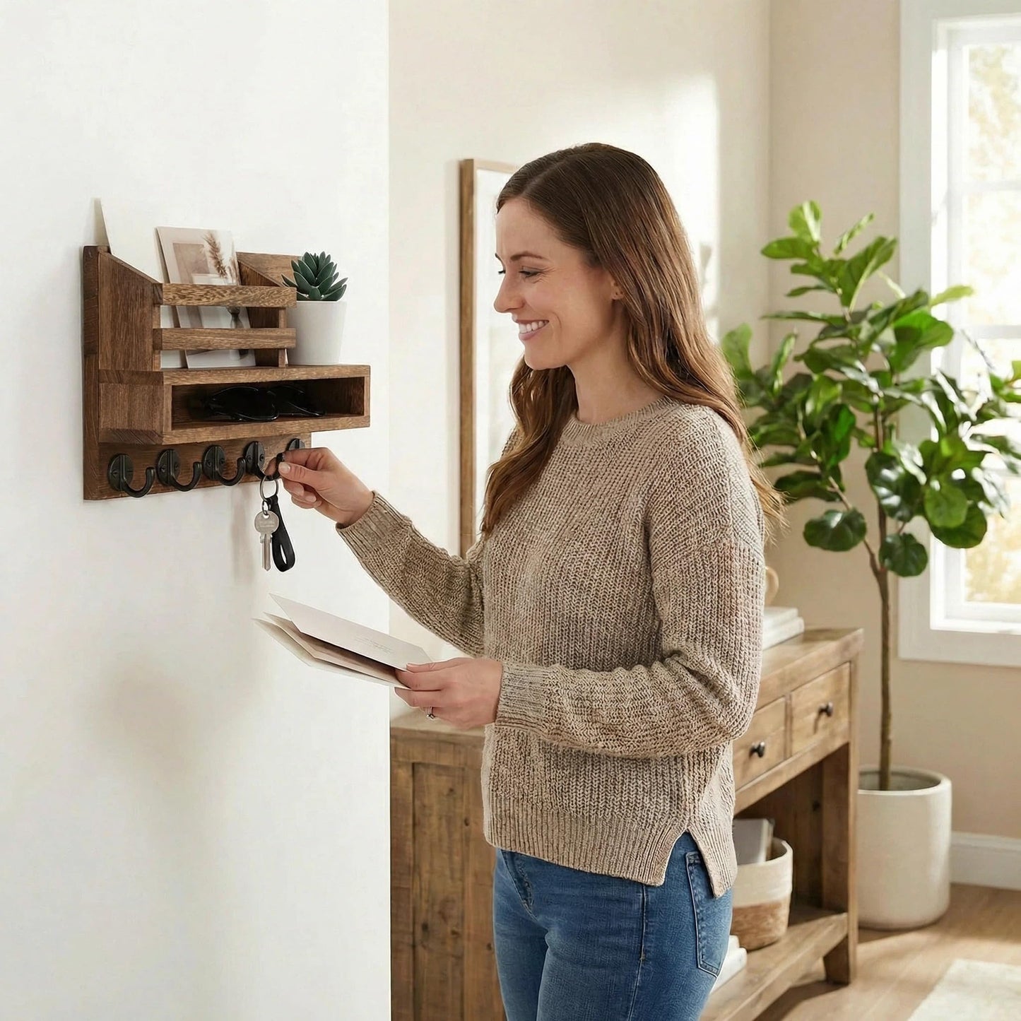 SHAXIXI Key Rack Wall Mount - Mail Organizer with 5 Key Hooks, Paulownia Wood, 11.8x7.1 Inch, Apartment Wall Decor, Includes Mounting Accessories (Brown)