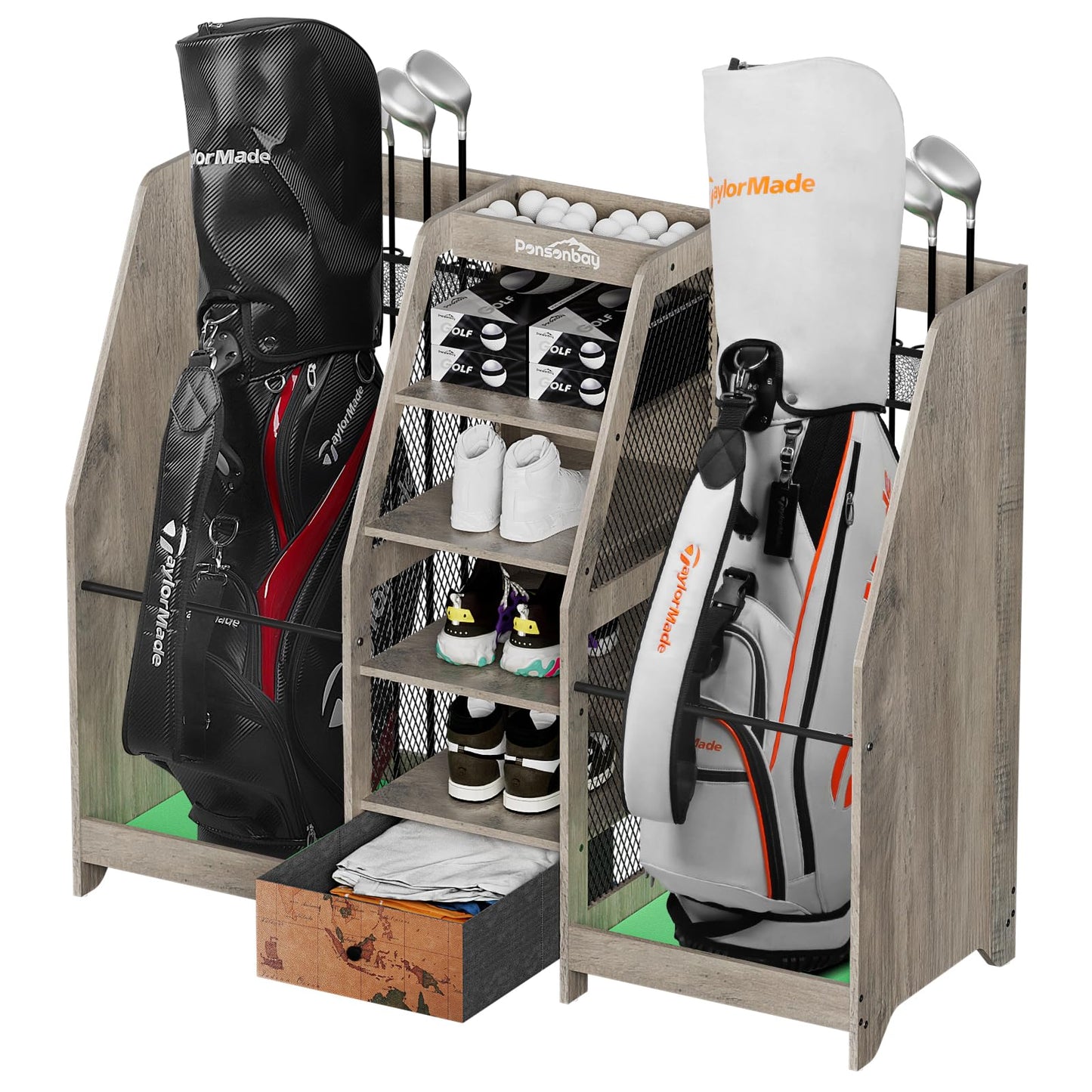 Ponsonbay Golf Bag Storage Organizer for Garage, Premium Wooden 2 Golf Bags Rack with Drawer, Easy Assemble Golf Club Stand/Holder Suitable for Garage Home Simulator and Office