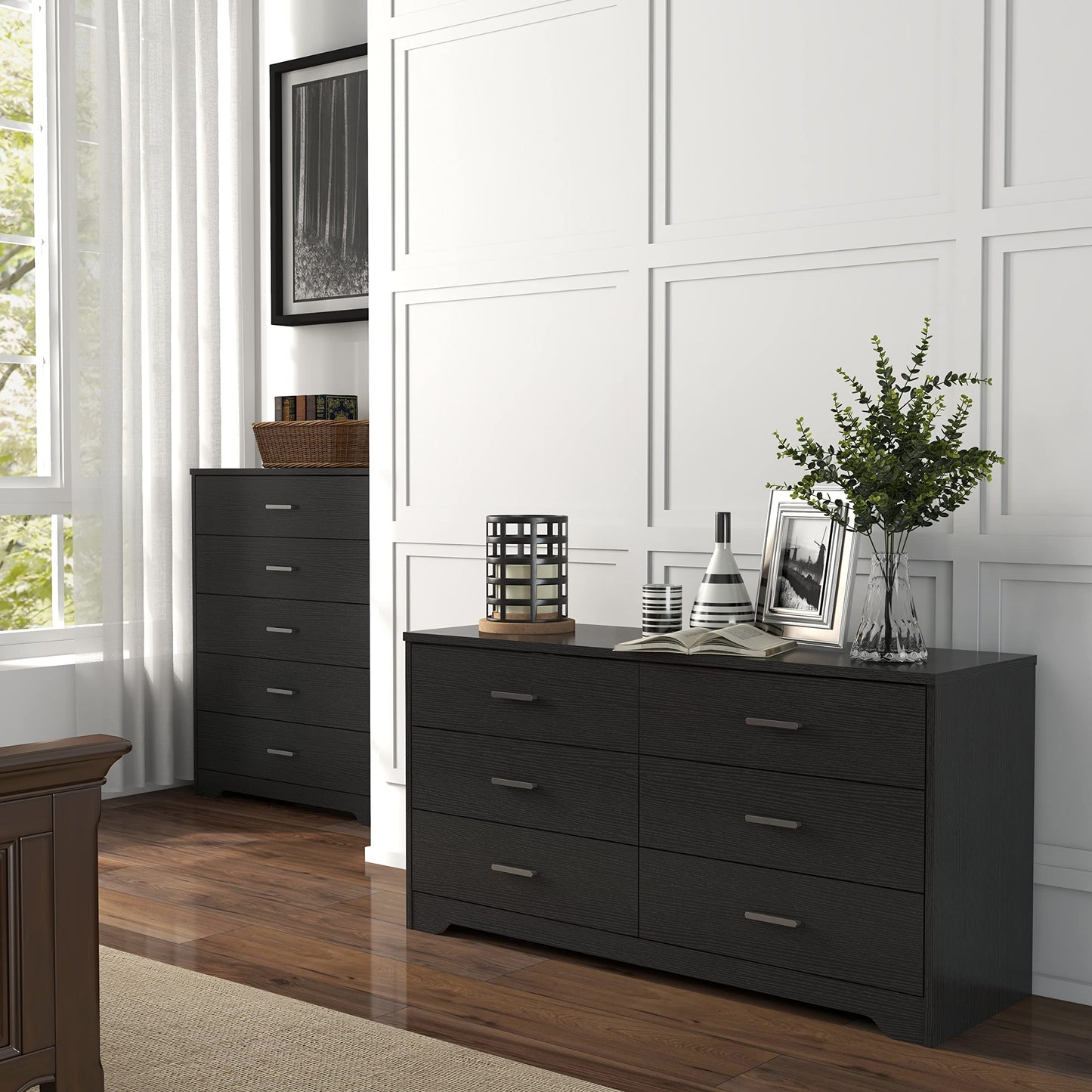 Panana Wooden 5/6 Drawer Dresser, Wide Modern Chest of Drawers, Organizer with Storage Drawers for Living Room Bedroom Hallway Closet (Black, 6 Drawers)