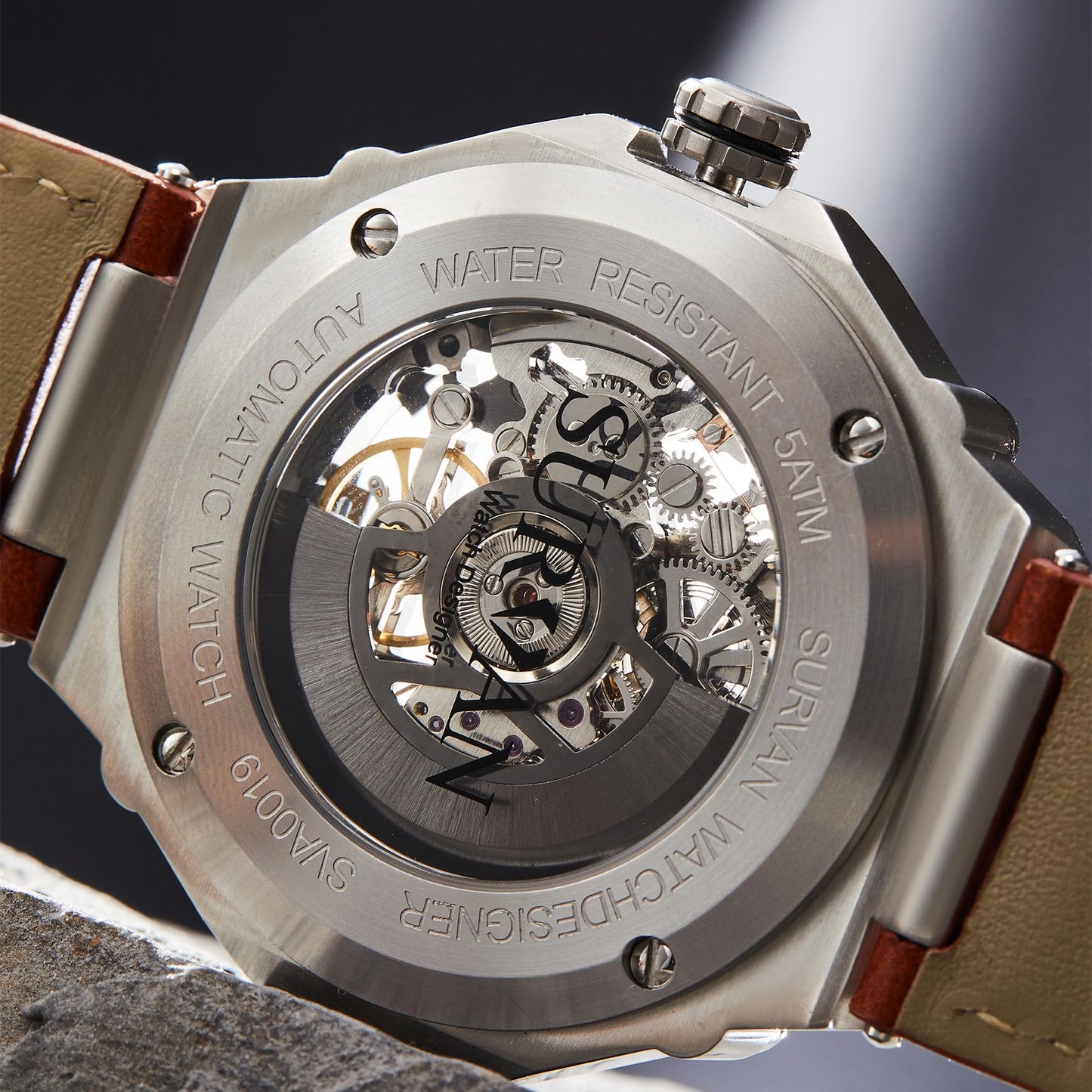 SURVAN WatchDesigner Men's Luxury Automatic Mechanical Skeleton Watch, 47 mm Case, Brown Leather Strap, Water Resistant, No Battery Needed