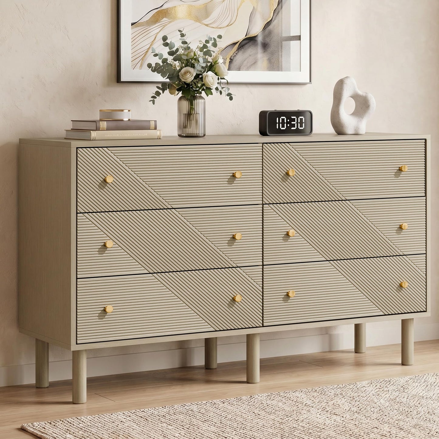 TRUNBACK Storage Drawers, 6 Drawer Dresser with Handles, 48" Wide Modern Wood Dresser Storage Cabinet Storage Chest for Living Room, Entryway, Hallway