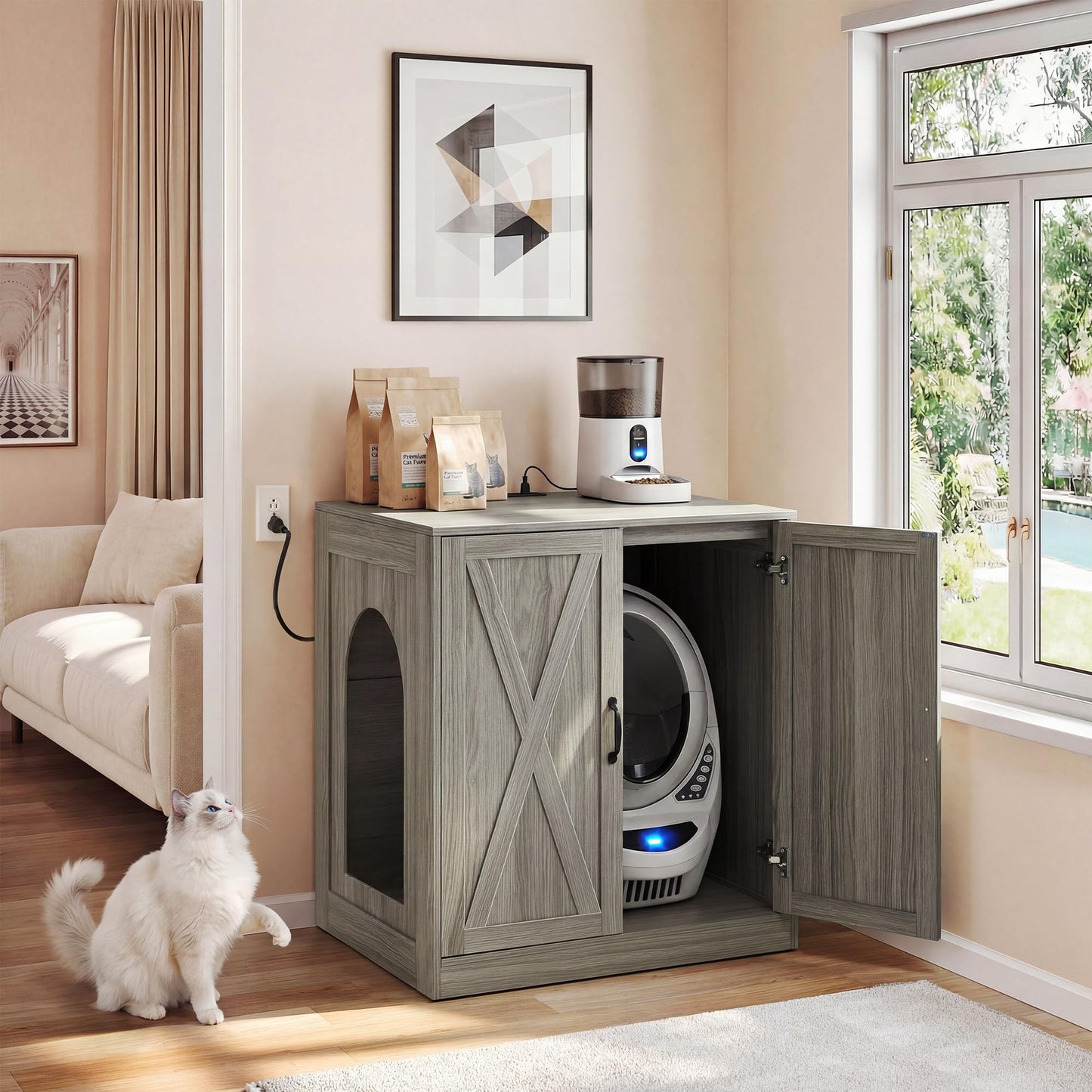 YITAHOME Large Hidden Litter Box Furniture with Power Outlets, Wooden Cat Litter Box Enclosure for Self-Cleaning Litter Boxes, Indoor Wooden Storage Cat Cabinet, Wash Grey